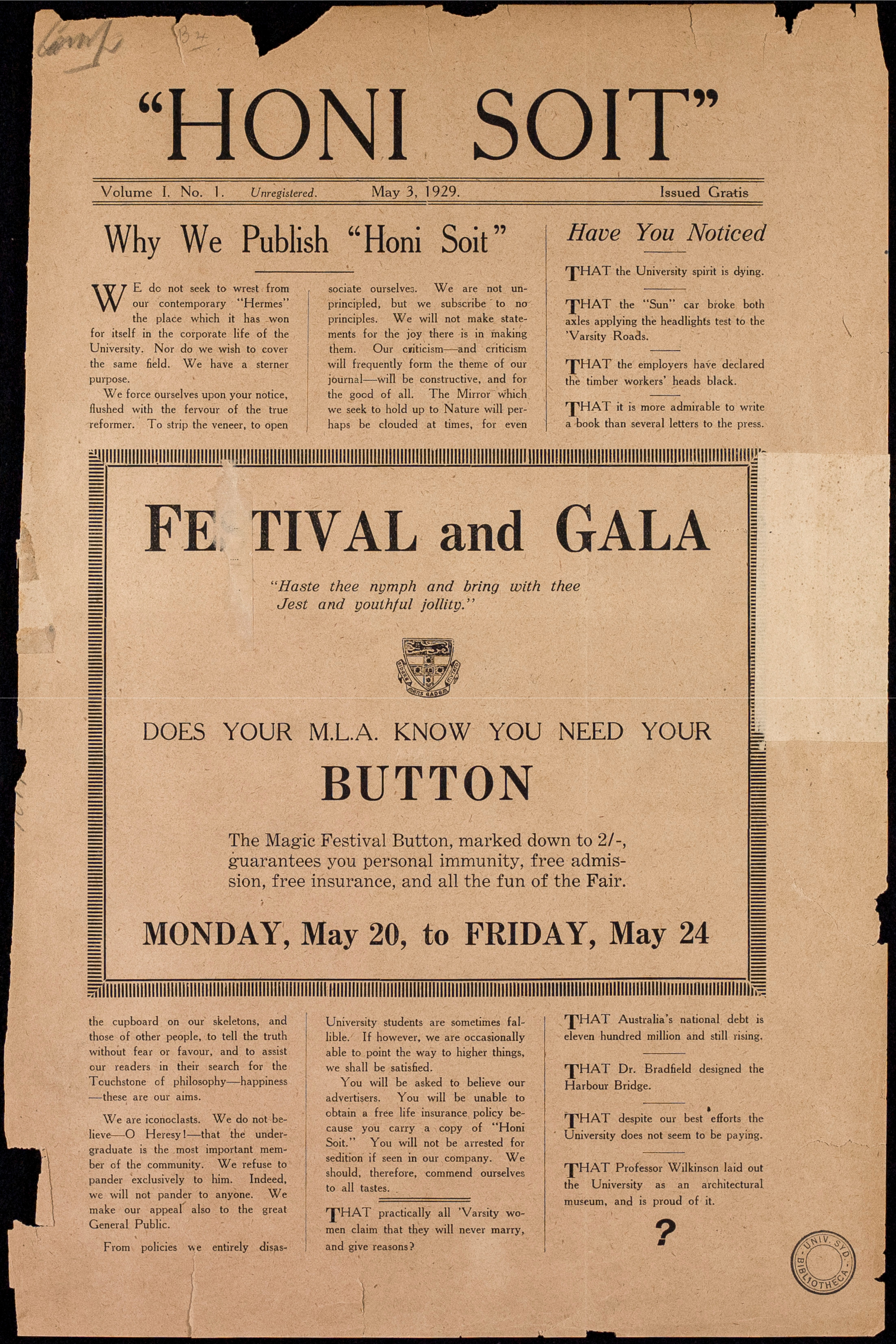 Honi Soit 1929 Issue 01