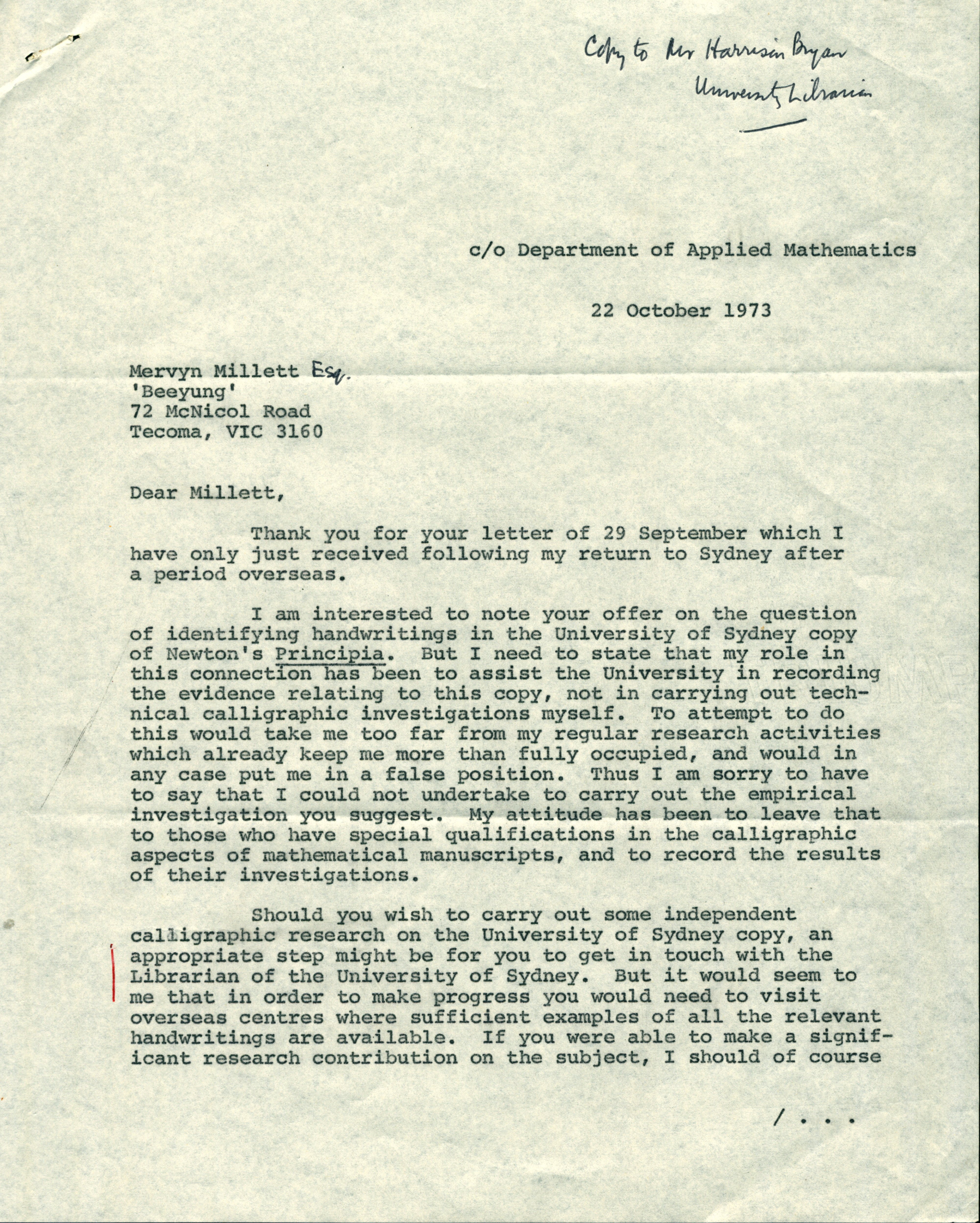Letter from Keith Edward Bullen to Mervyn Millett in 1973 about calligraphic research into Principia