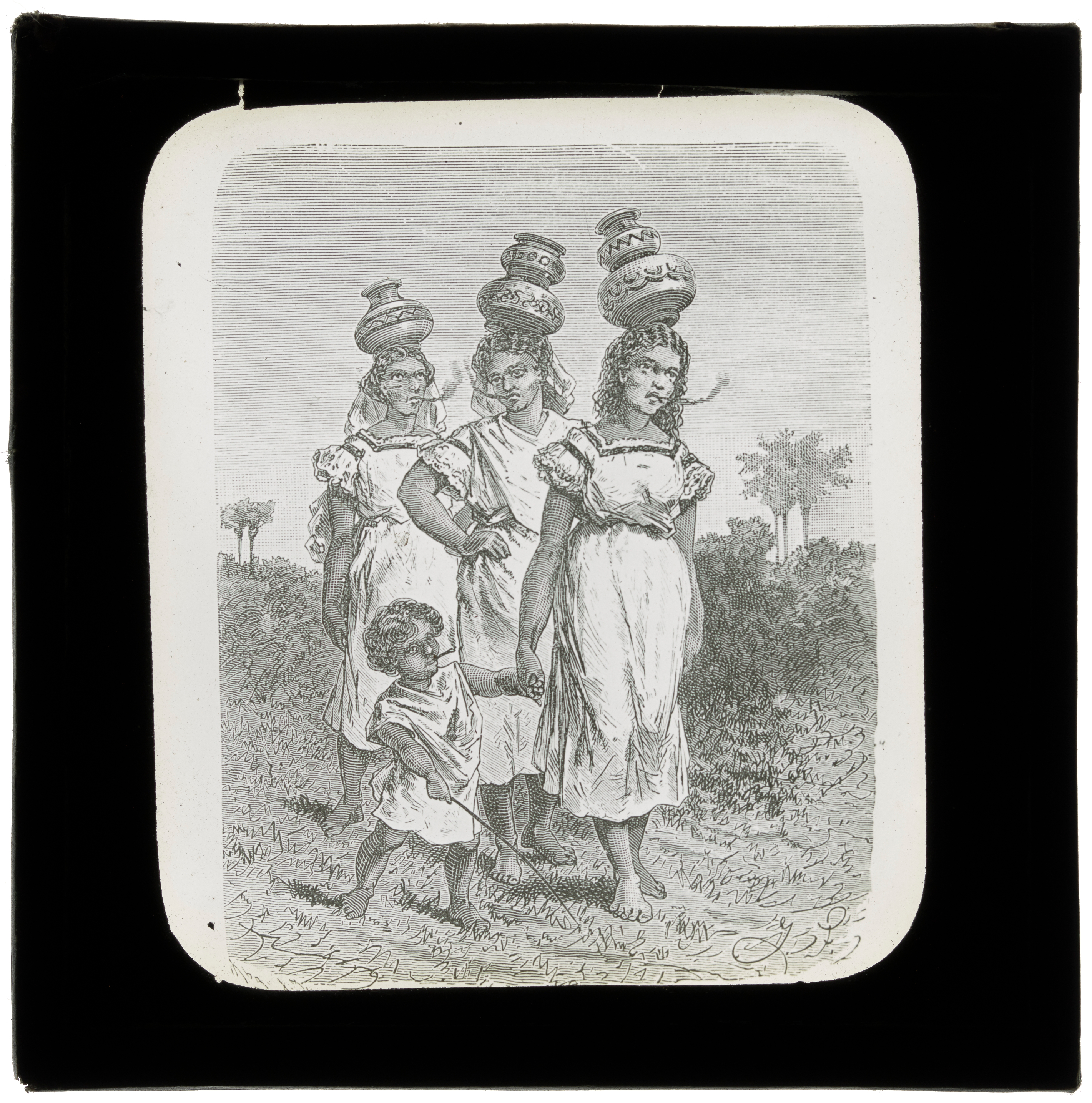 Three smoking adults with jars on their heads and a child 