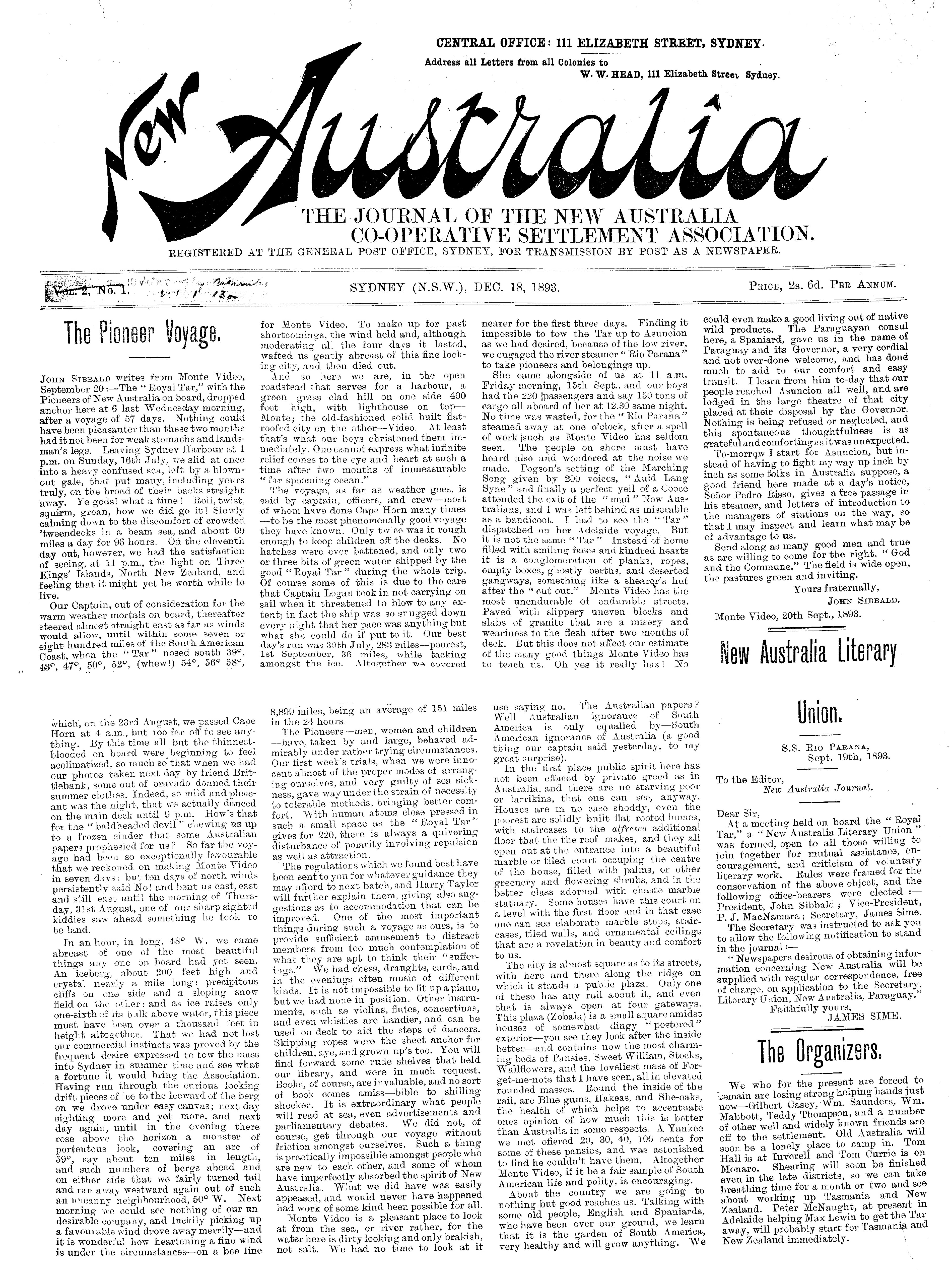New Australia. Number 13a, December 18, 1893