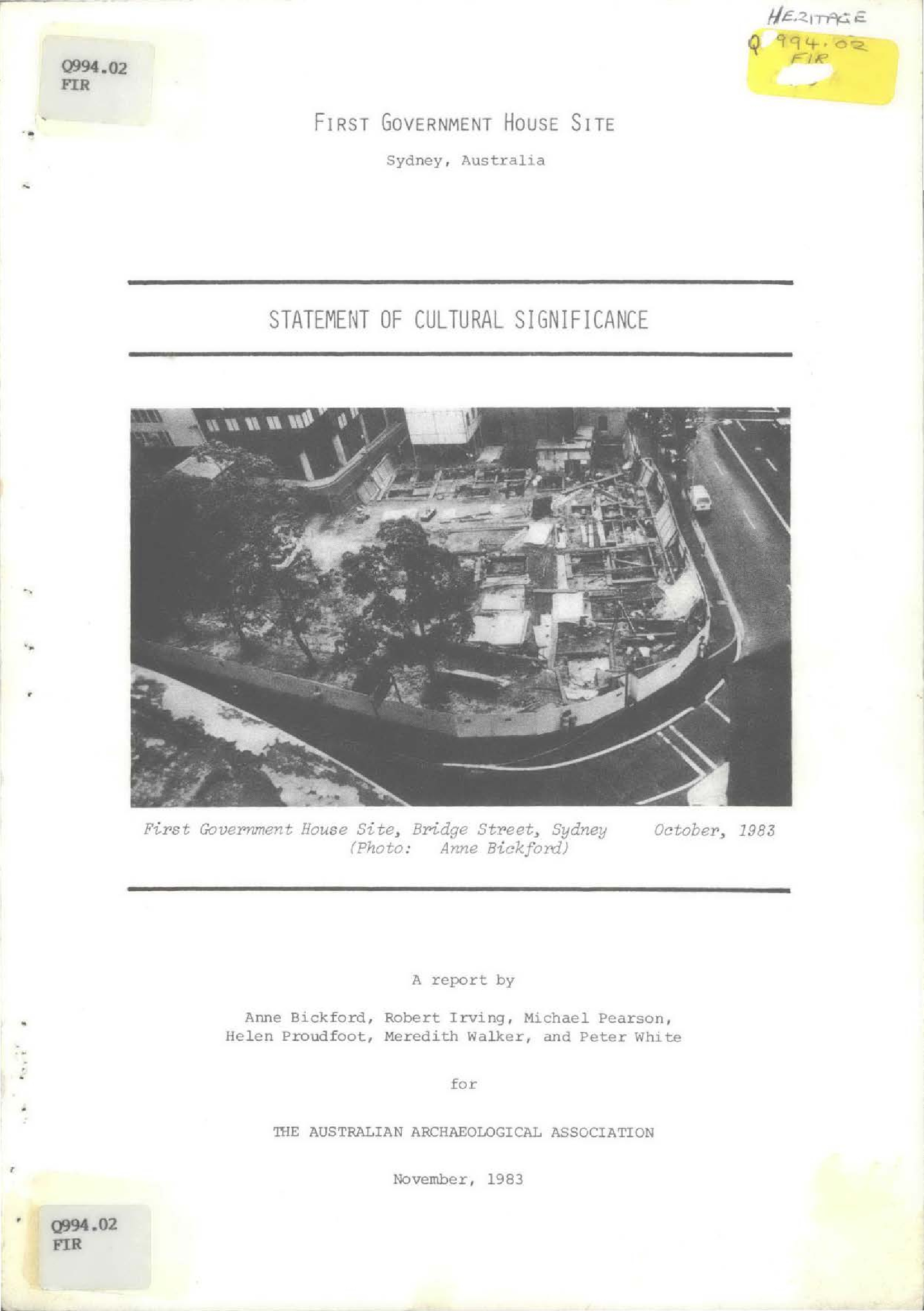 First Government House Site Statement of Cultural Significance.