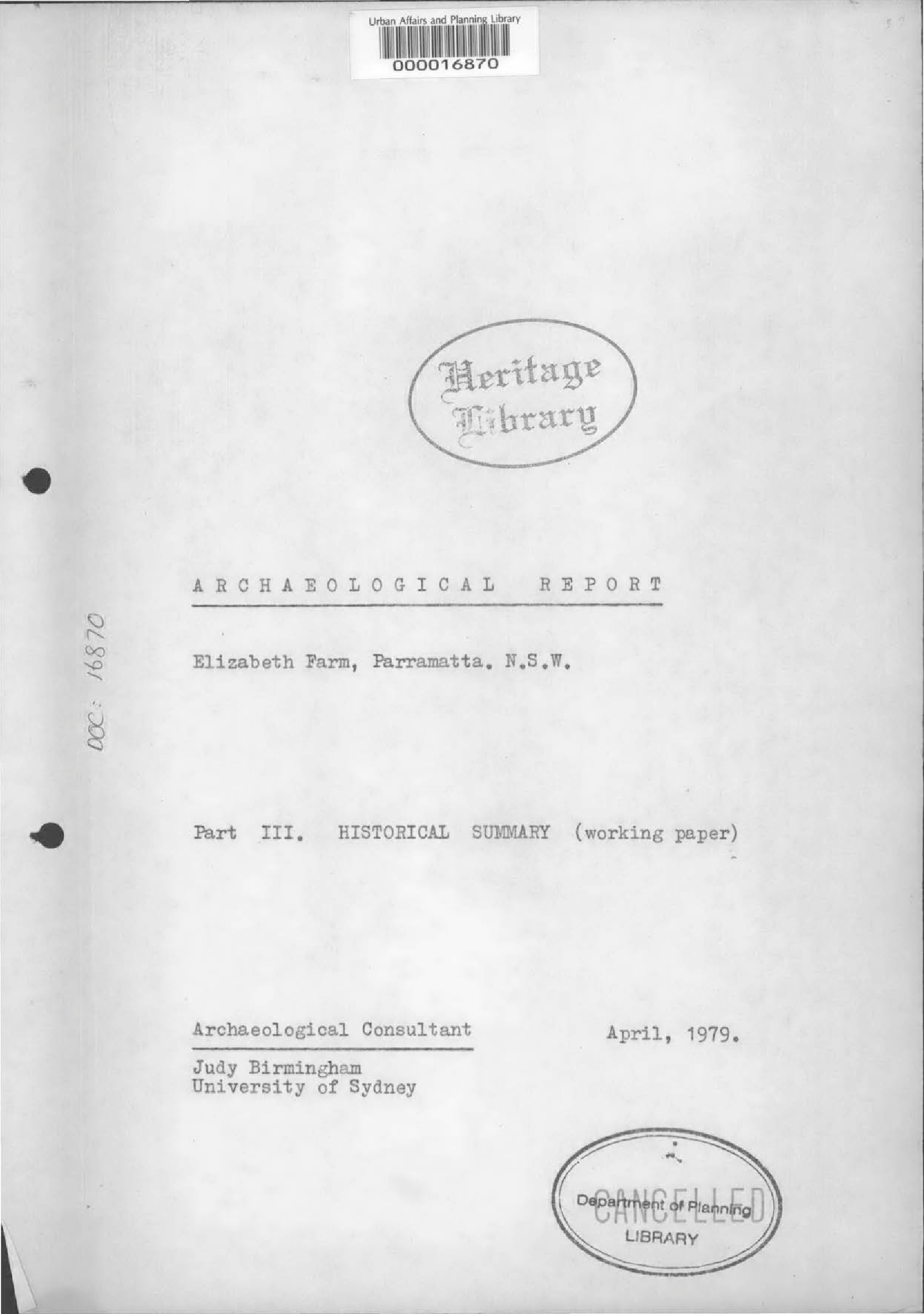 Archaeological Report Elizabeth Farm, Parramatta NSW. Part 3, Historical Summary.