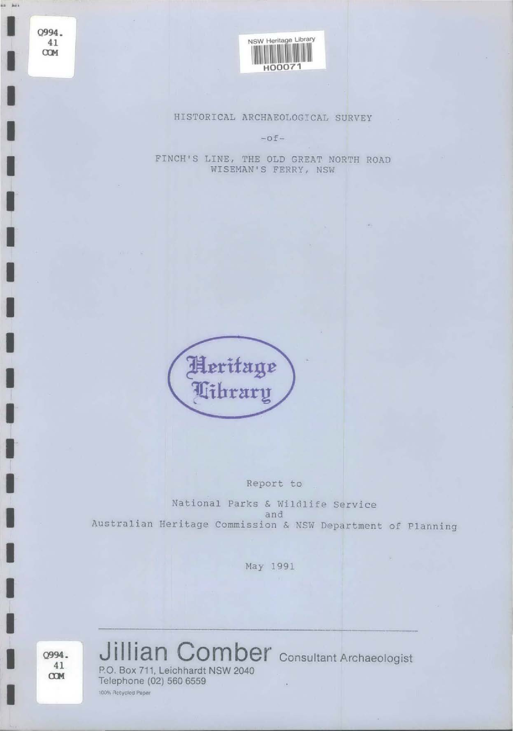 Historical Archaeological Survey of Finch's Line, The Old Great North Road, Wiseman's Ferry, NSW.