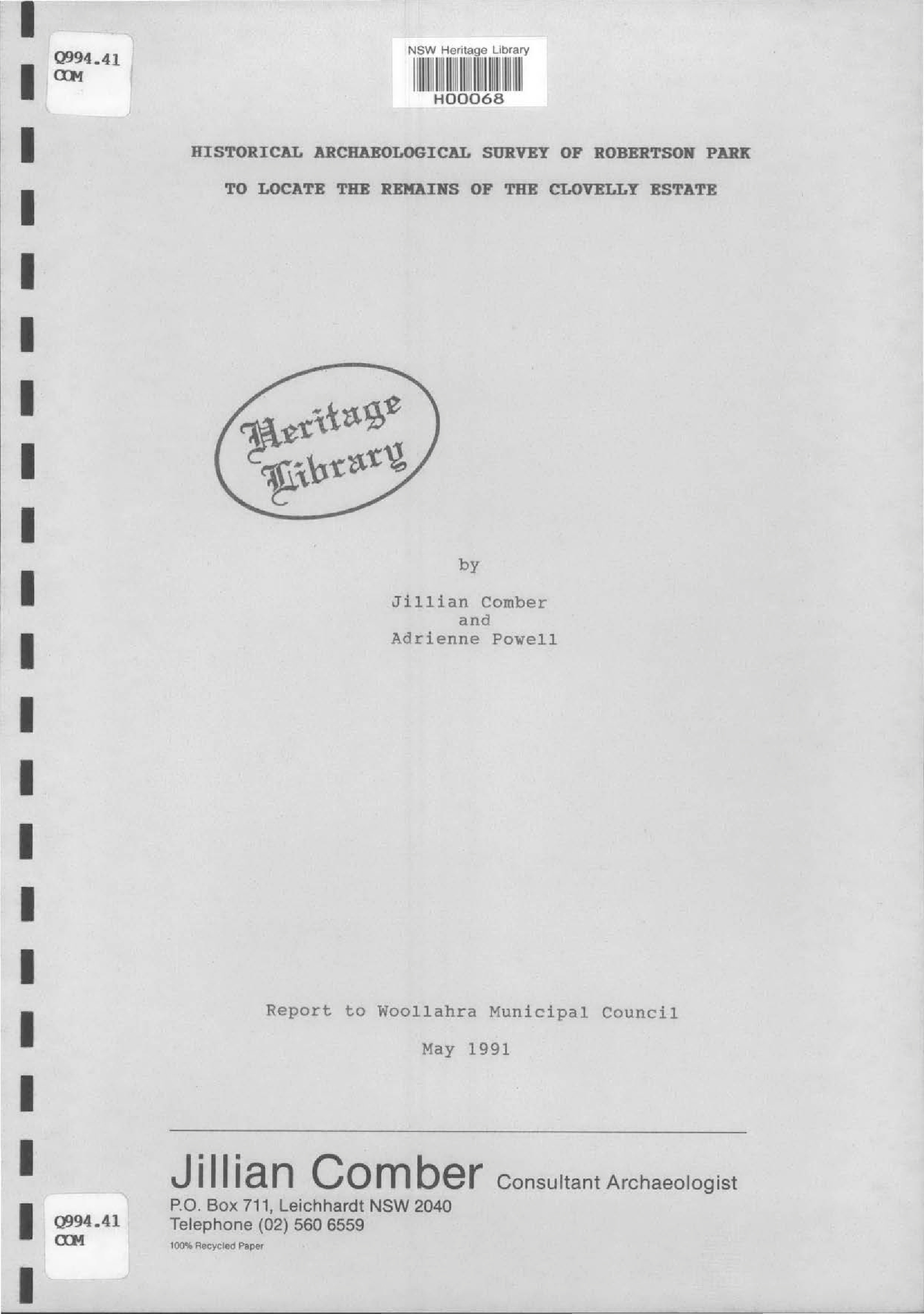 Historical Archaeological Survey of Robertson Park to locate the Remains of the Clovelly Estate.