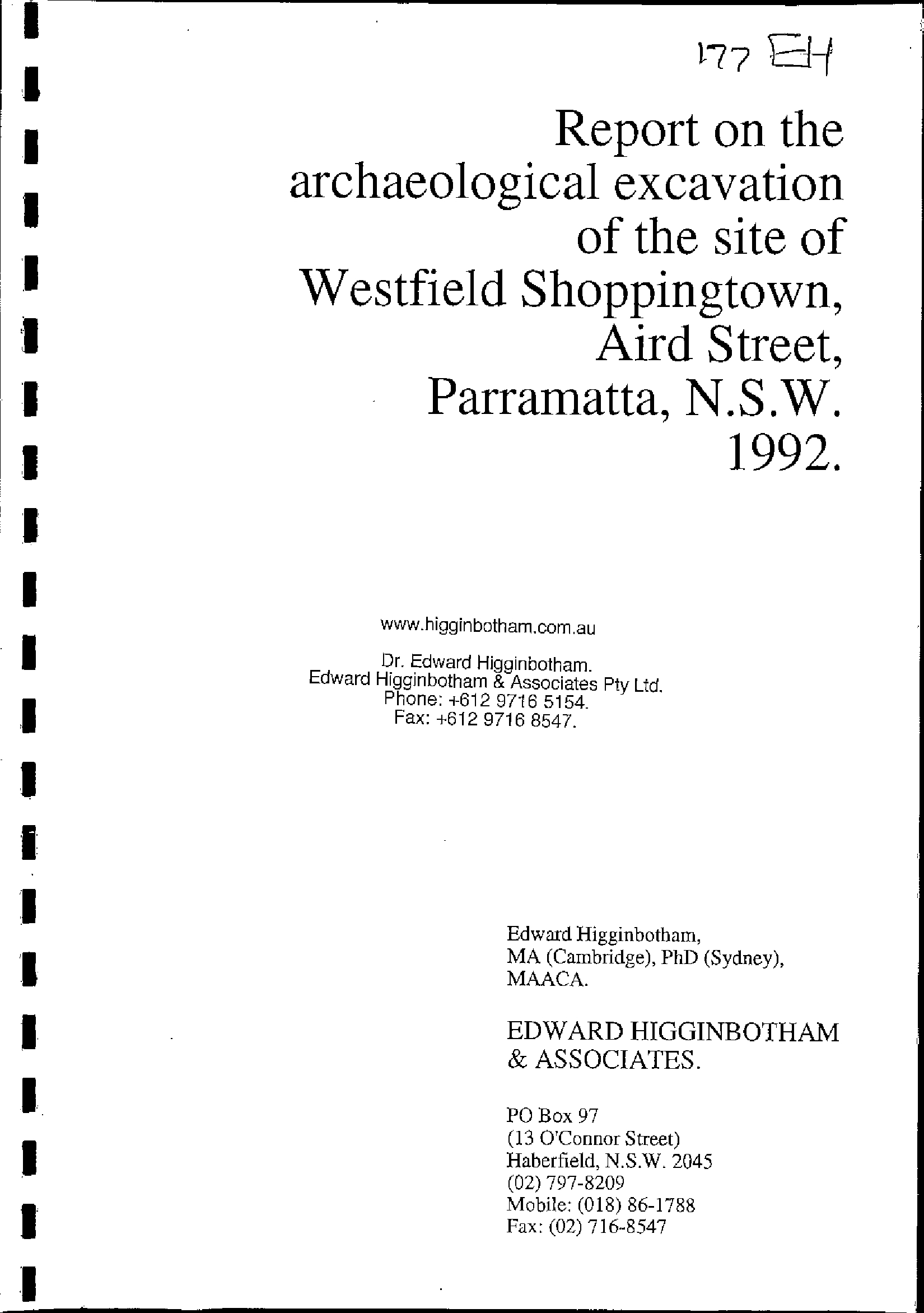 Report on the Archaeological Excavation of the Site of Westfield Shoppingtown, Aird Street, Parramatta, N.S.W.