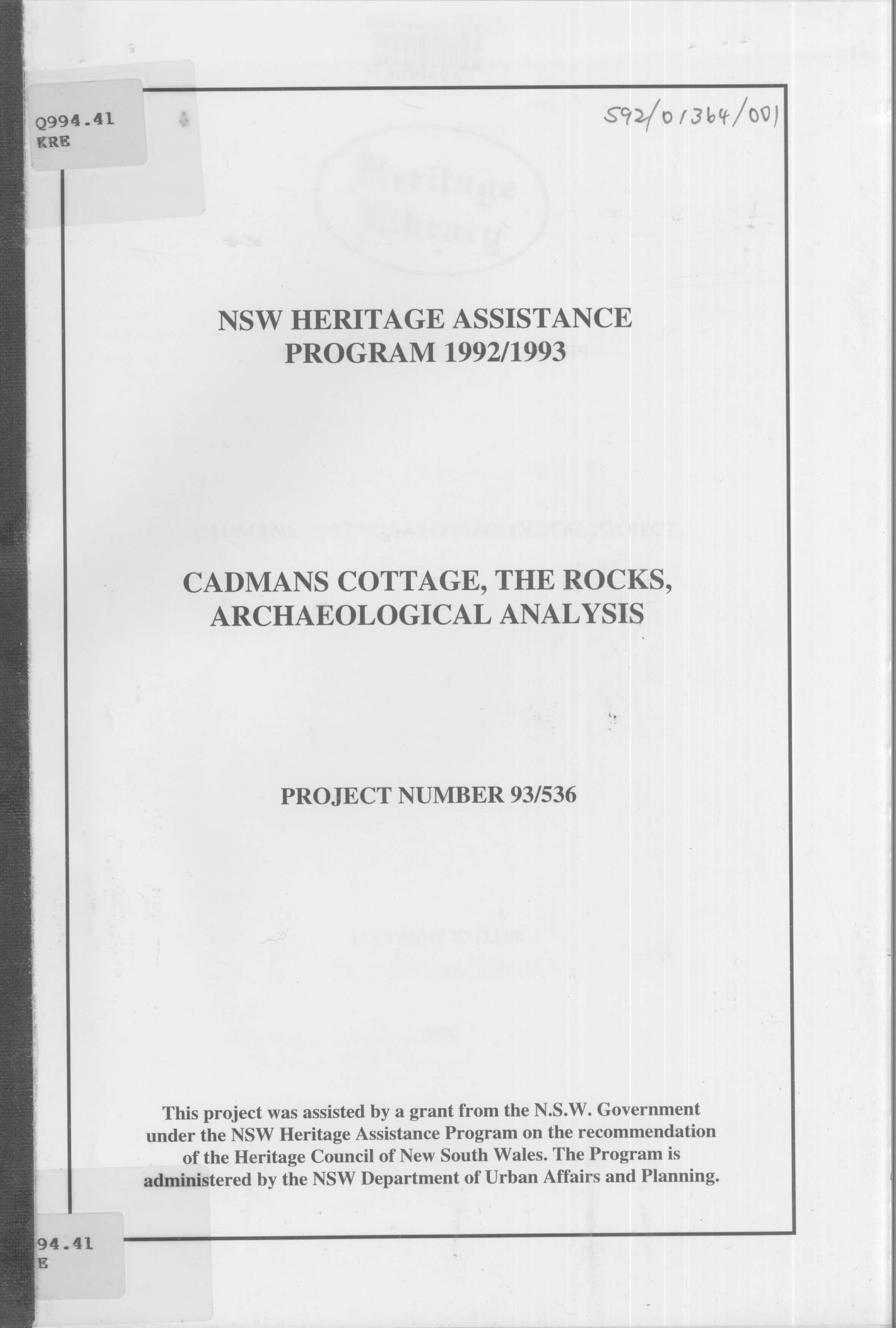 Cadmans Cottage, The Rocks, Archaeological Analysis. Report on Faunal Analysis.