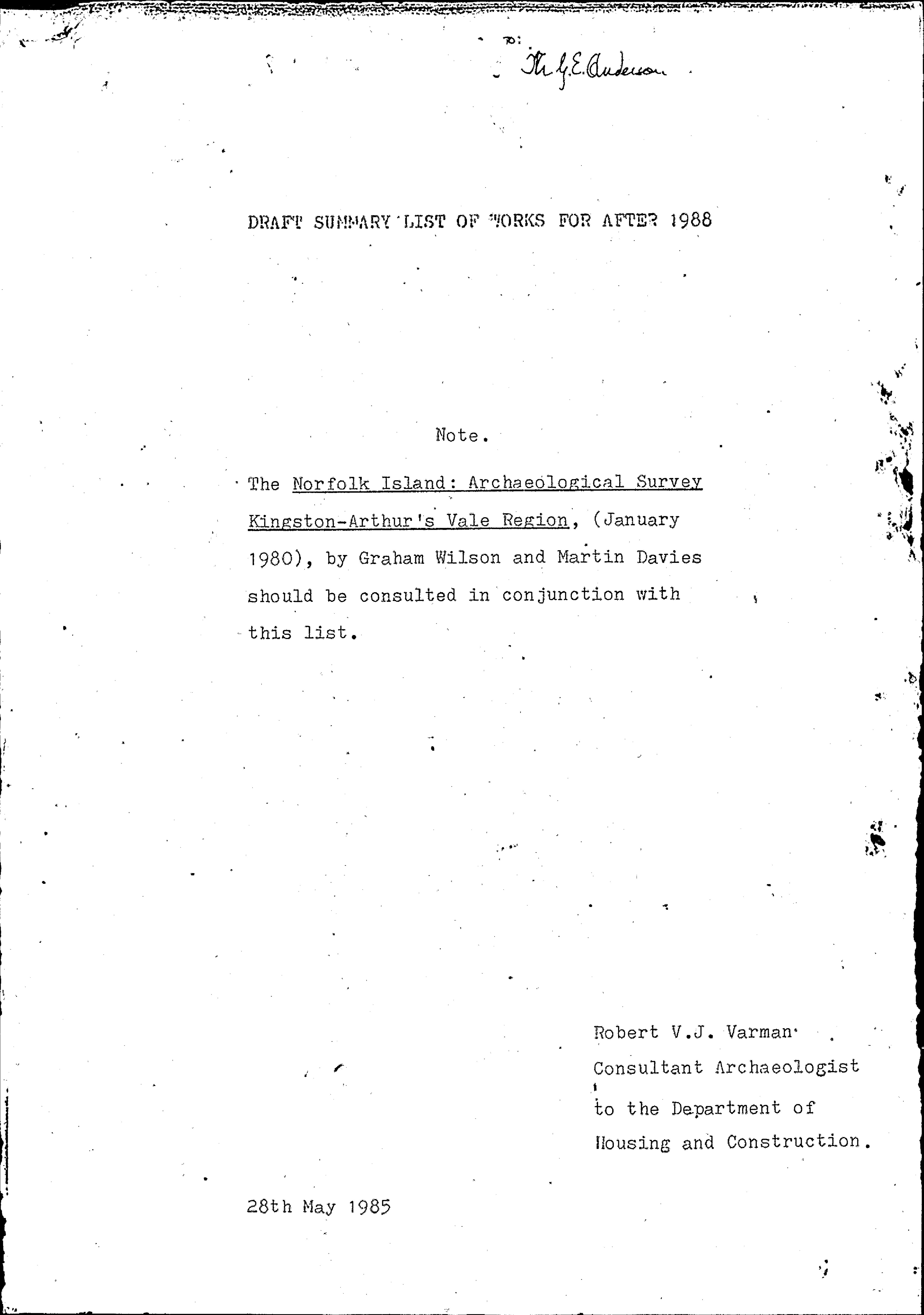 Draft Summary List of Works for After 1988. [Norfolk Island]