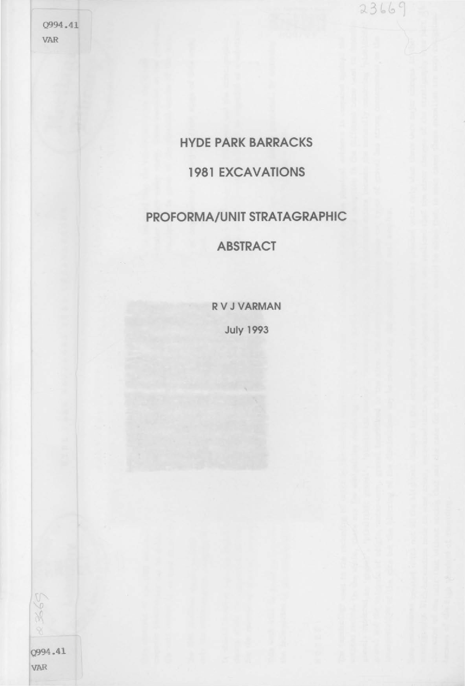 Hyde Park Barracks 1981 Excavations Proforma/Unit Stratigraphic Abstract.