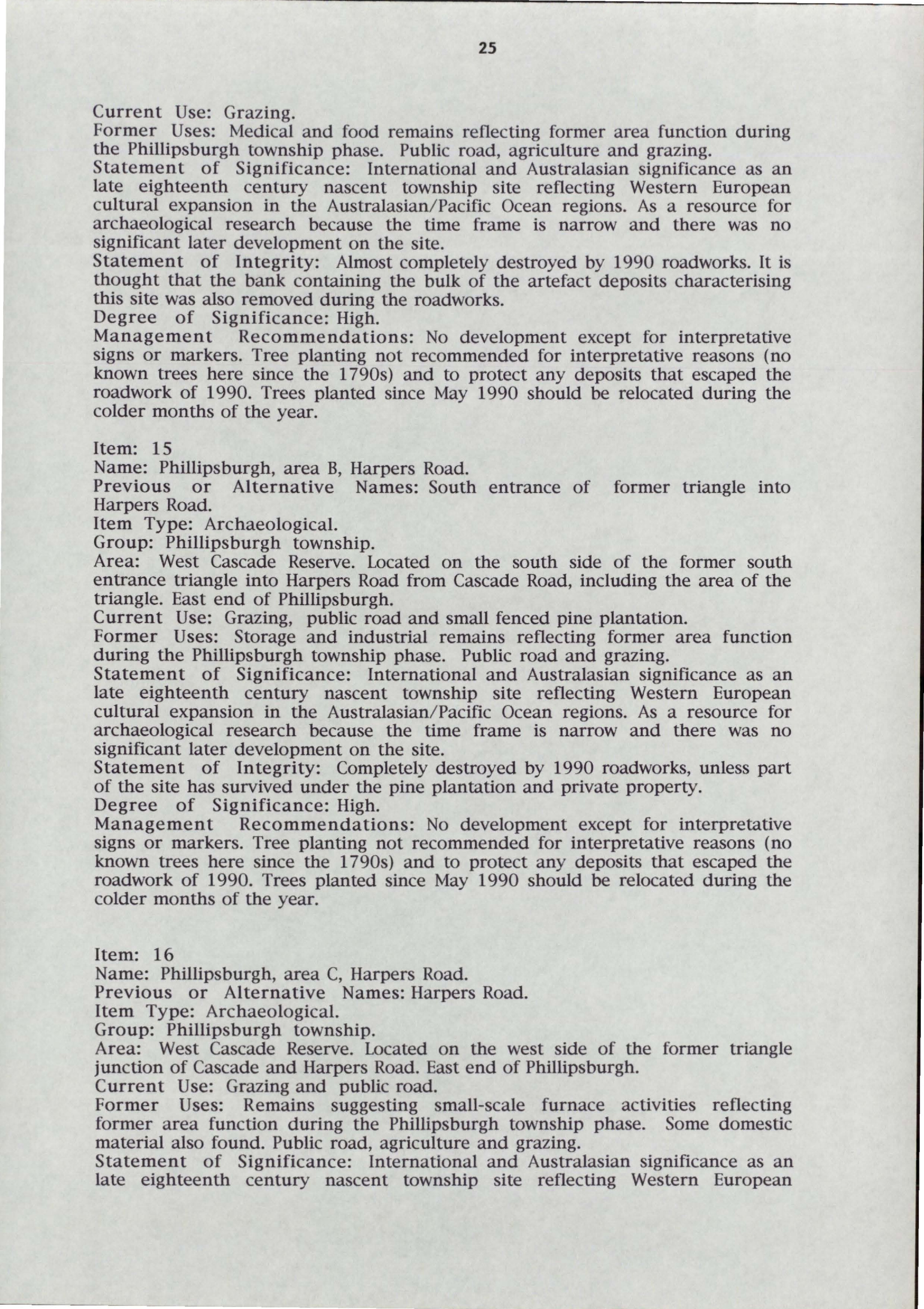 Archaeological Zoning Plan: Phillipsburgh/ Cockpit Historic Site. Part 1 Historical. [Norfolk Island] [Colour version 2 of 3 pdfs]