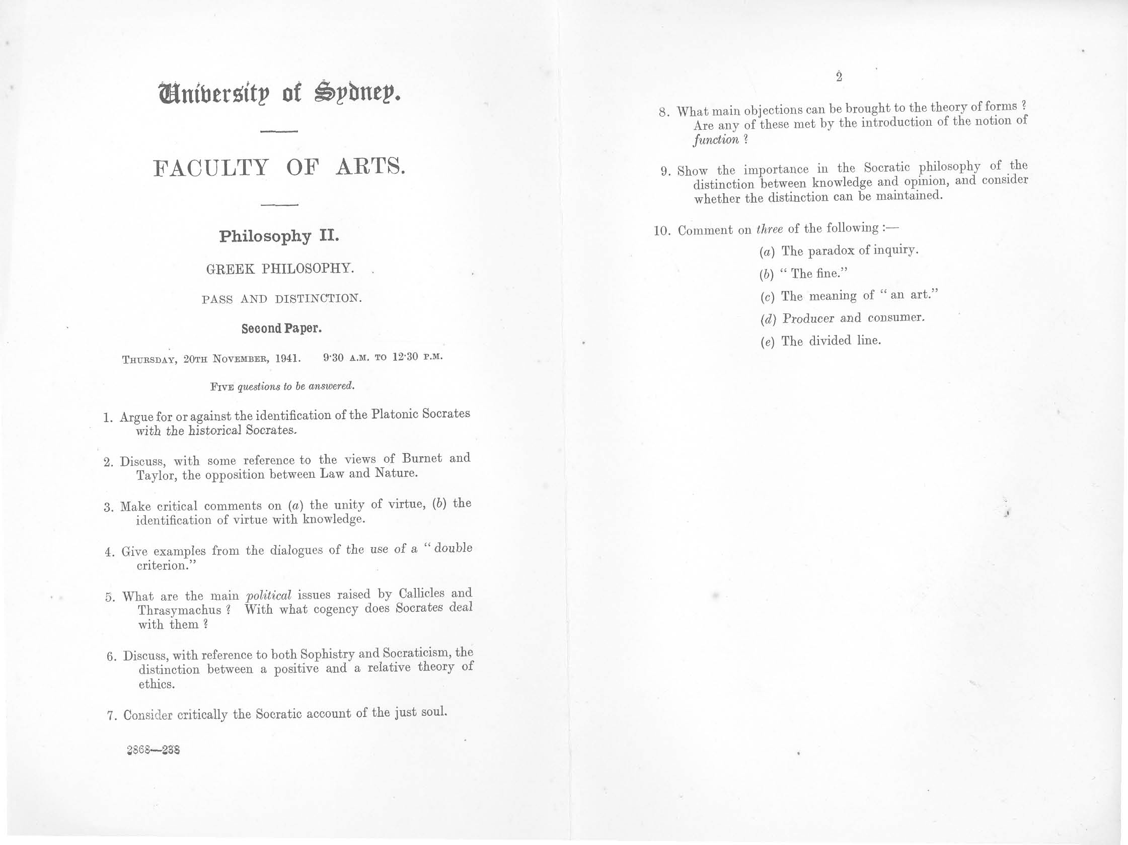 Philosophy II Greek Philosophy Second Paper, 1941