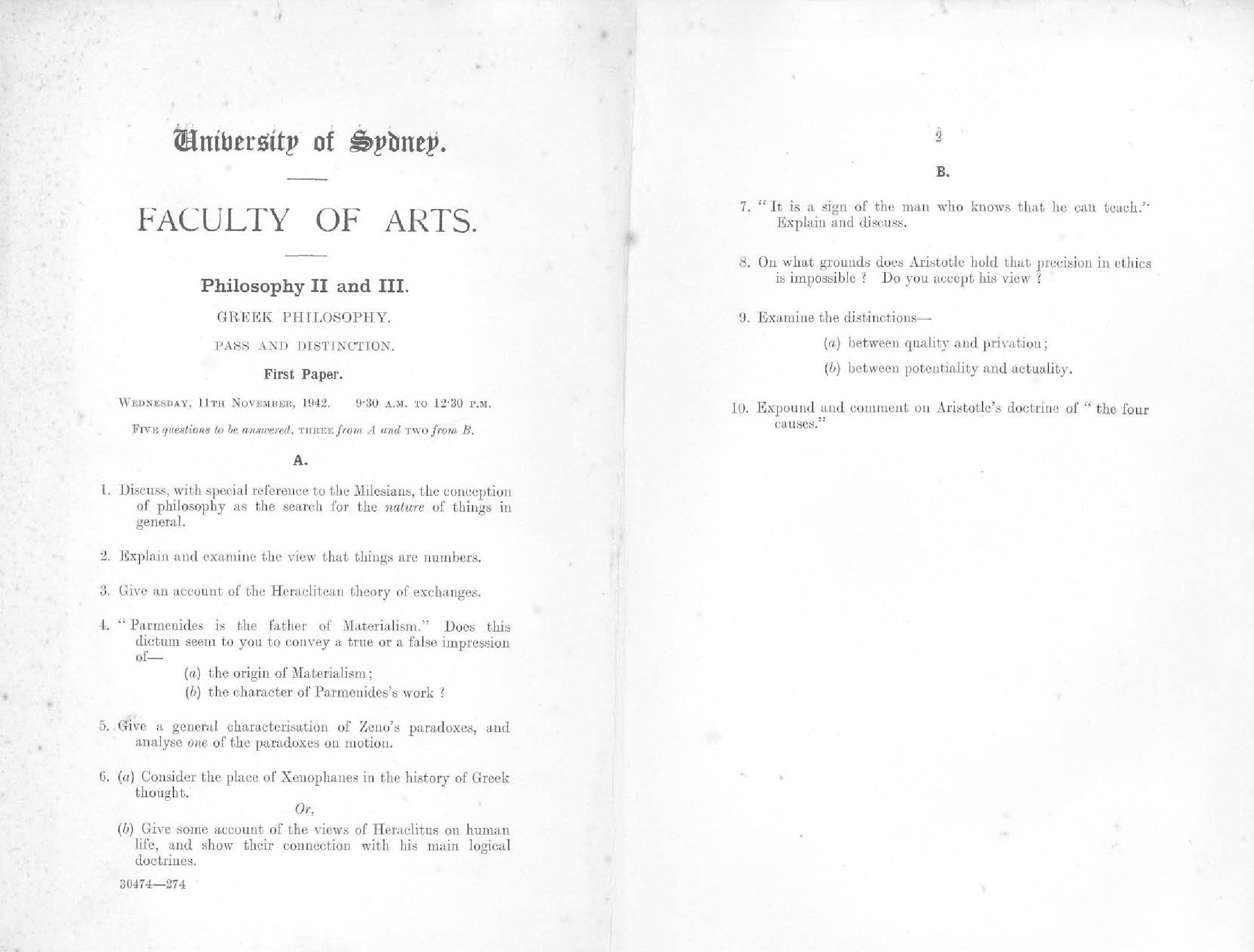 Philosophy II and III Greek Philosophy First Paper, 1943