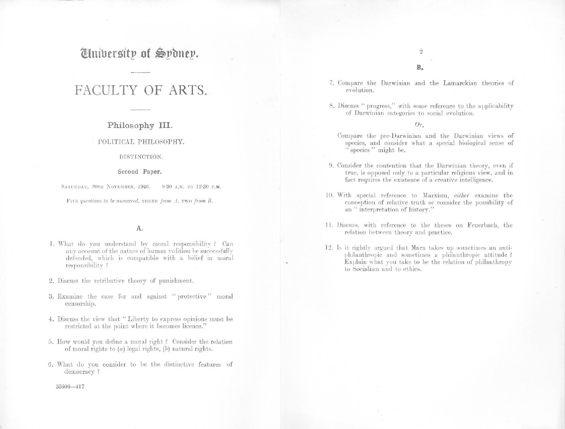 Philosophy III Political Philosophy Second Paper, 1946