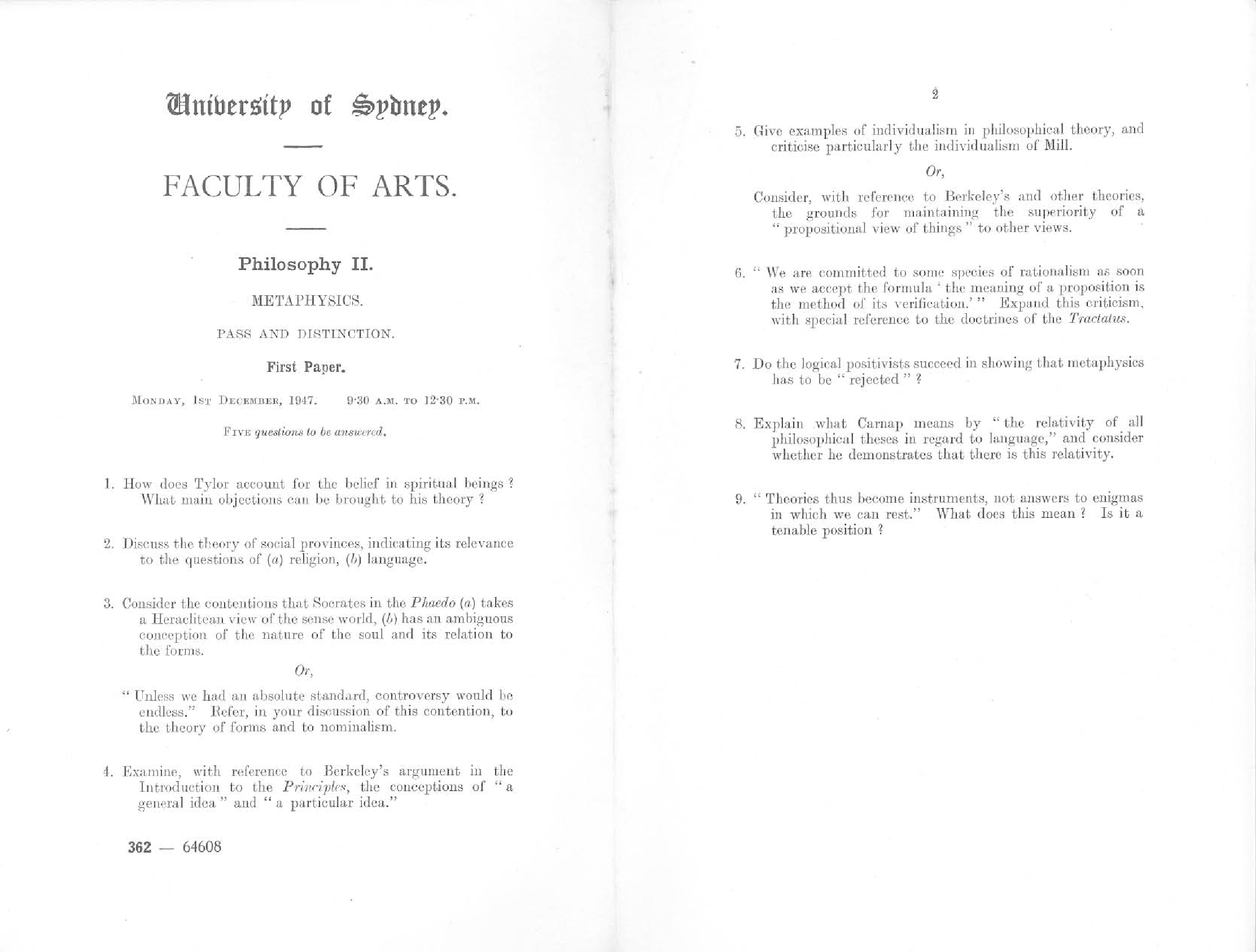 Philosophy II Metaphysics First Paper, 1947
