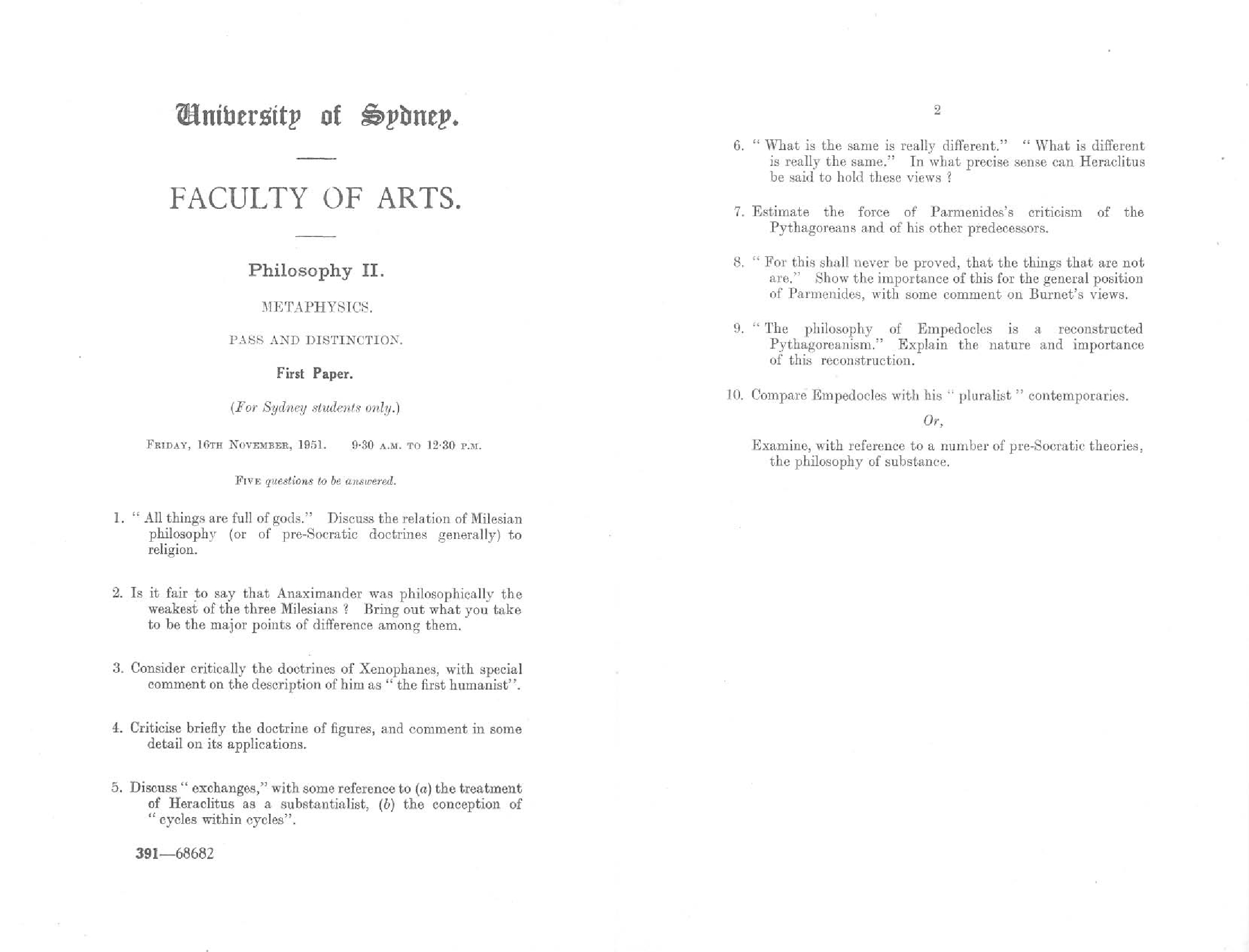 Philosophy II Metaphysics First Paper, 1951