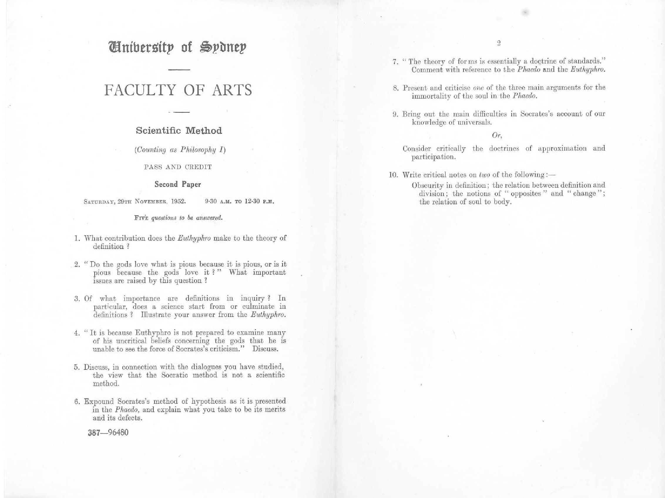 Scientific Method (I level) Second Paper, 1952