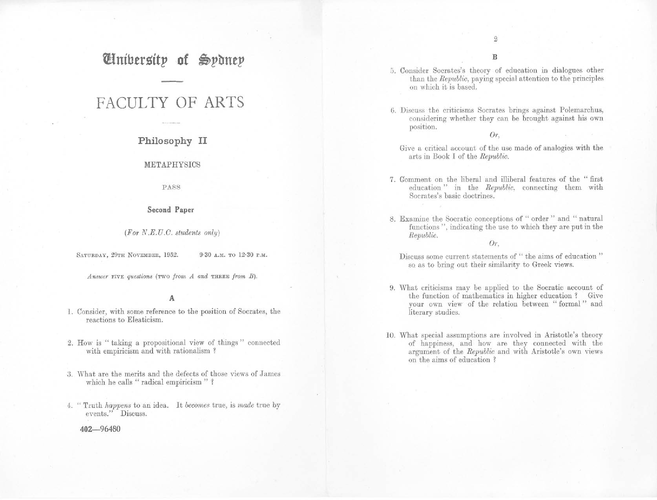 Philosophy II Metaphysics Second Paper N.E.U.C. students, 1952
