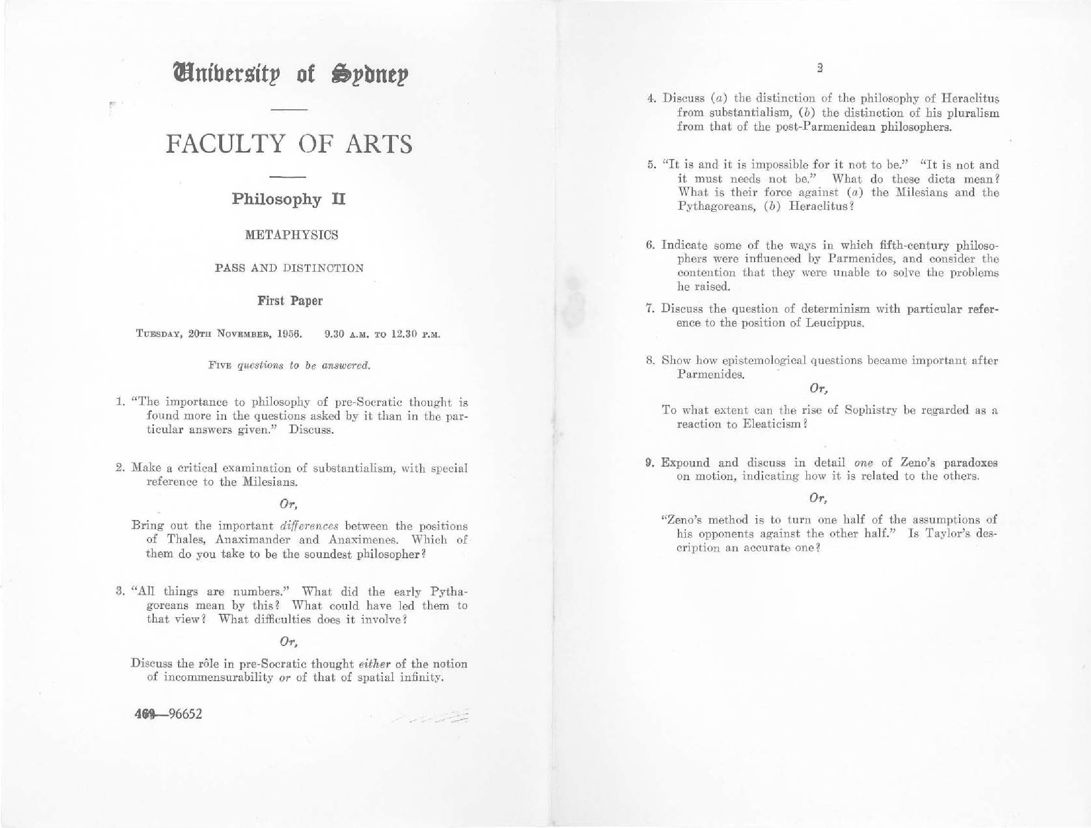 Philosophy II Metaphysics First Paper, 1956