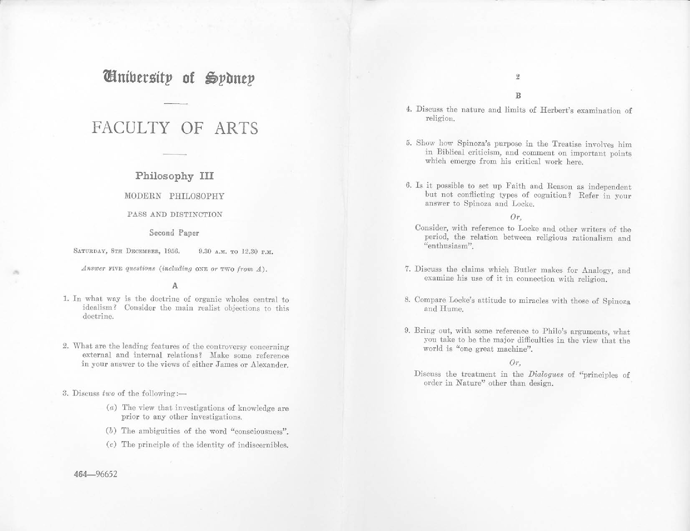 Philosophy III Modern Philosophy Second Paper, 1956