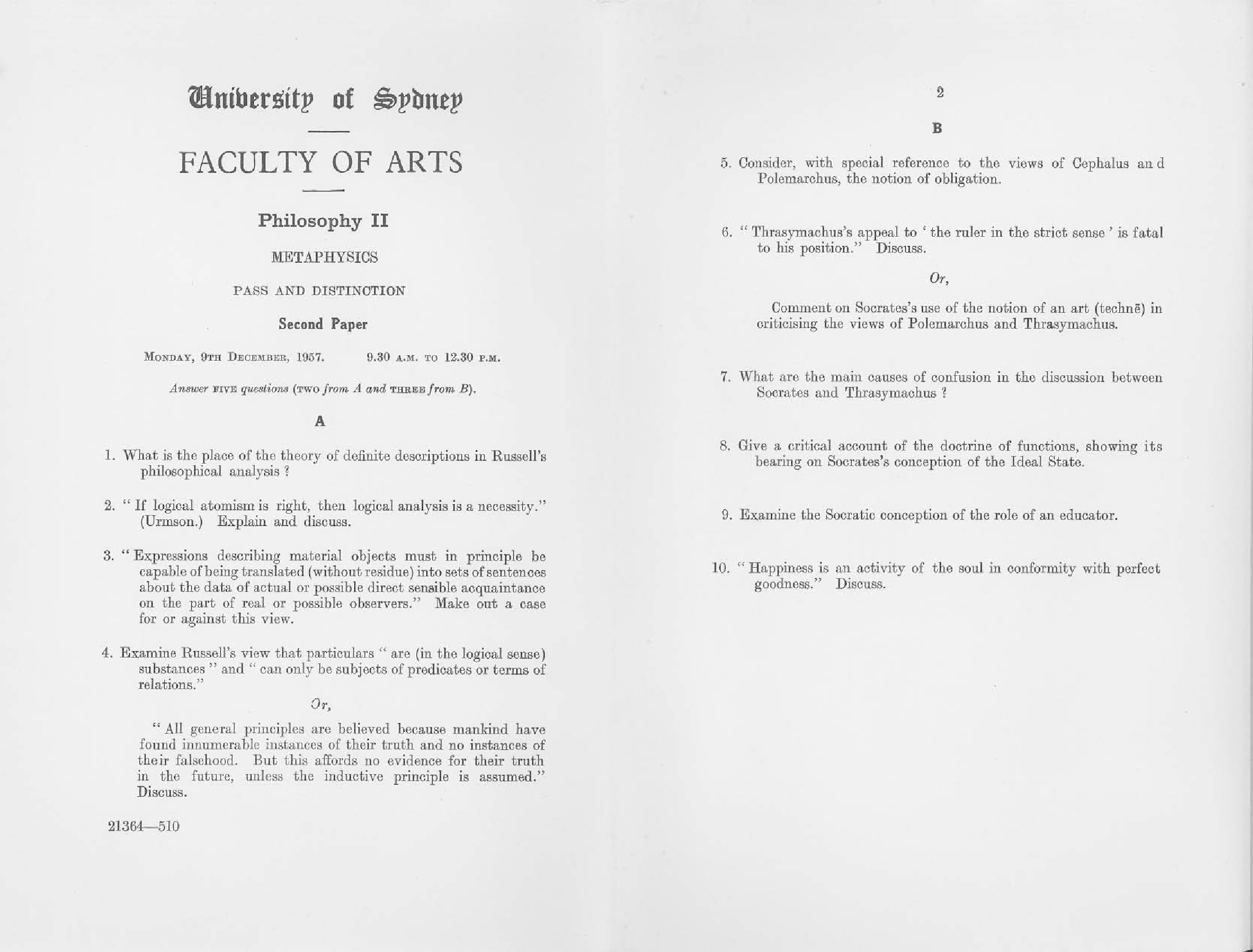 Philosophy II Metaphysics Second Paper, 1957