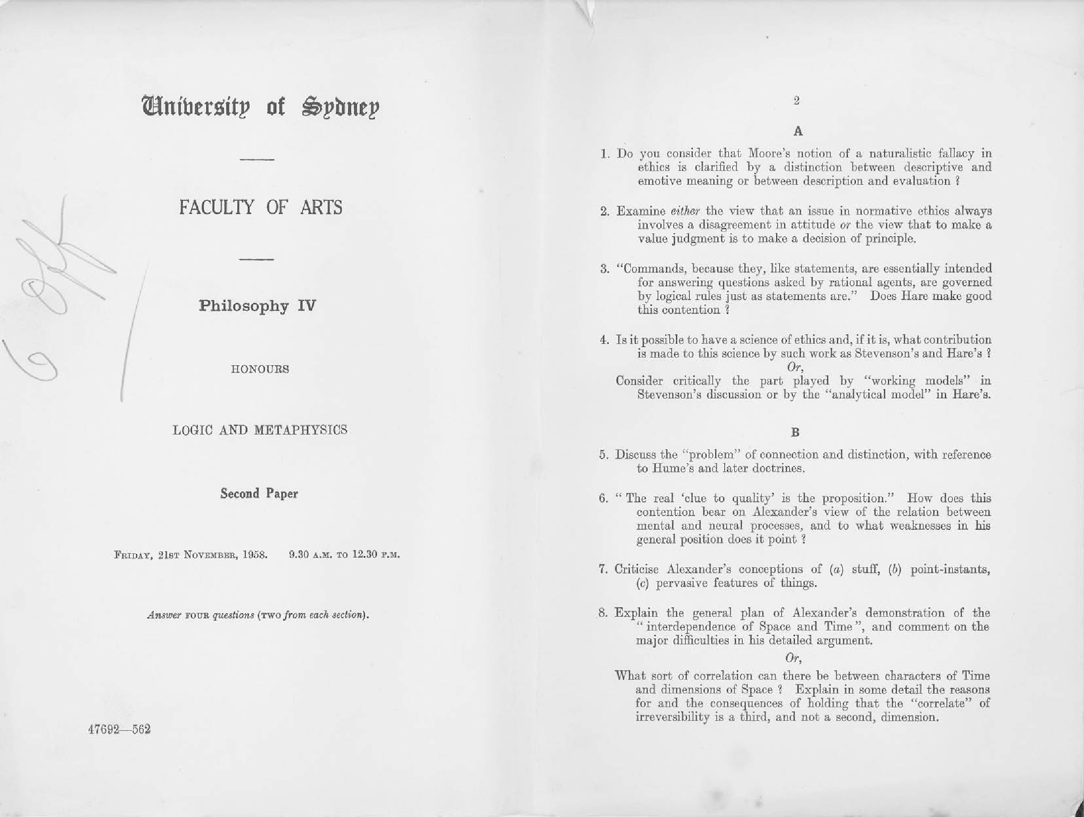 Philosophy IV Honours Logic and Metaphysics Second Paper, 1958