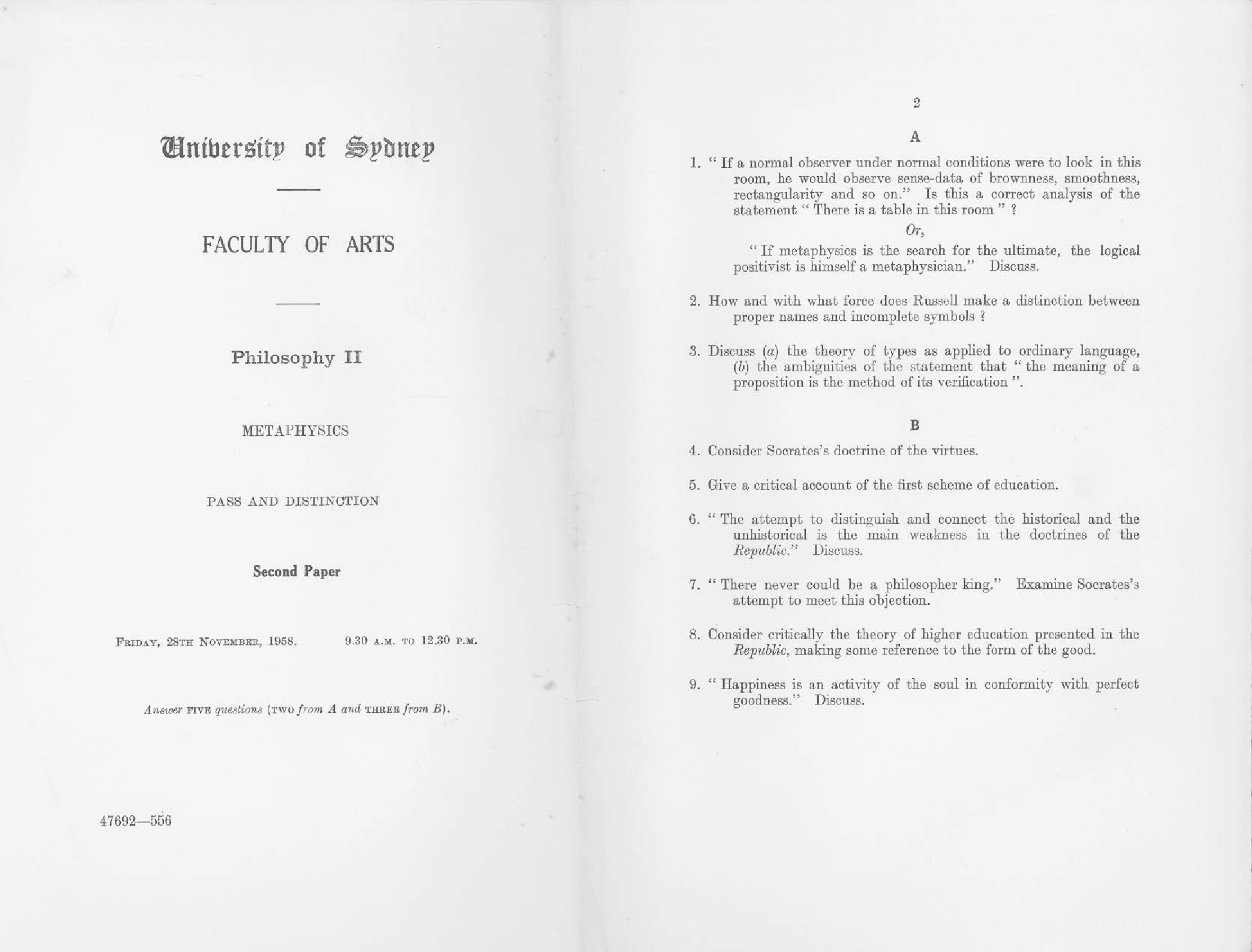 Philosophy Philosoph II Metaphysics Second Paper, 1958