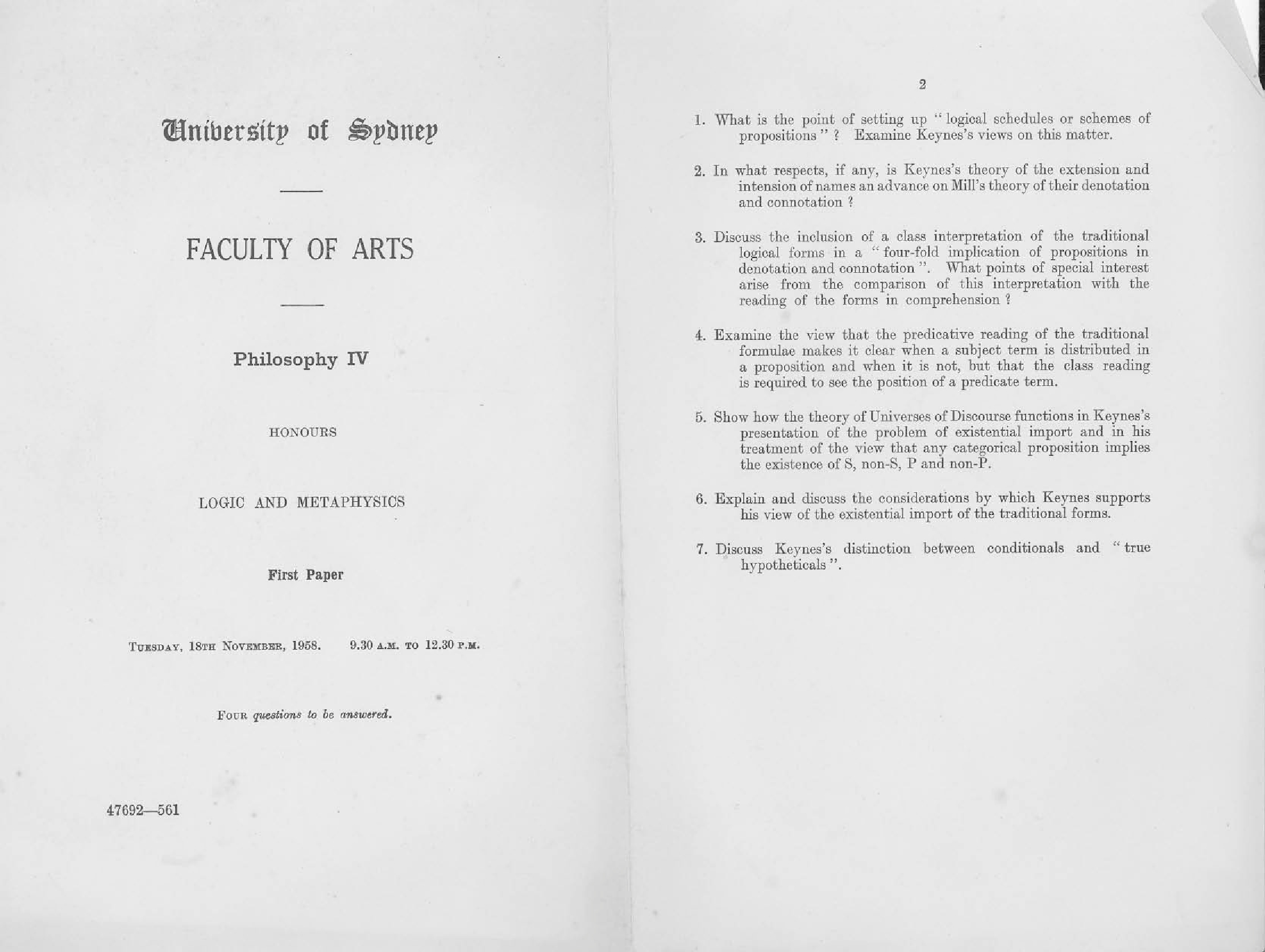 Philosophy IV Honours Logic and Metaphysics, 1958