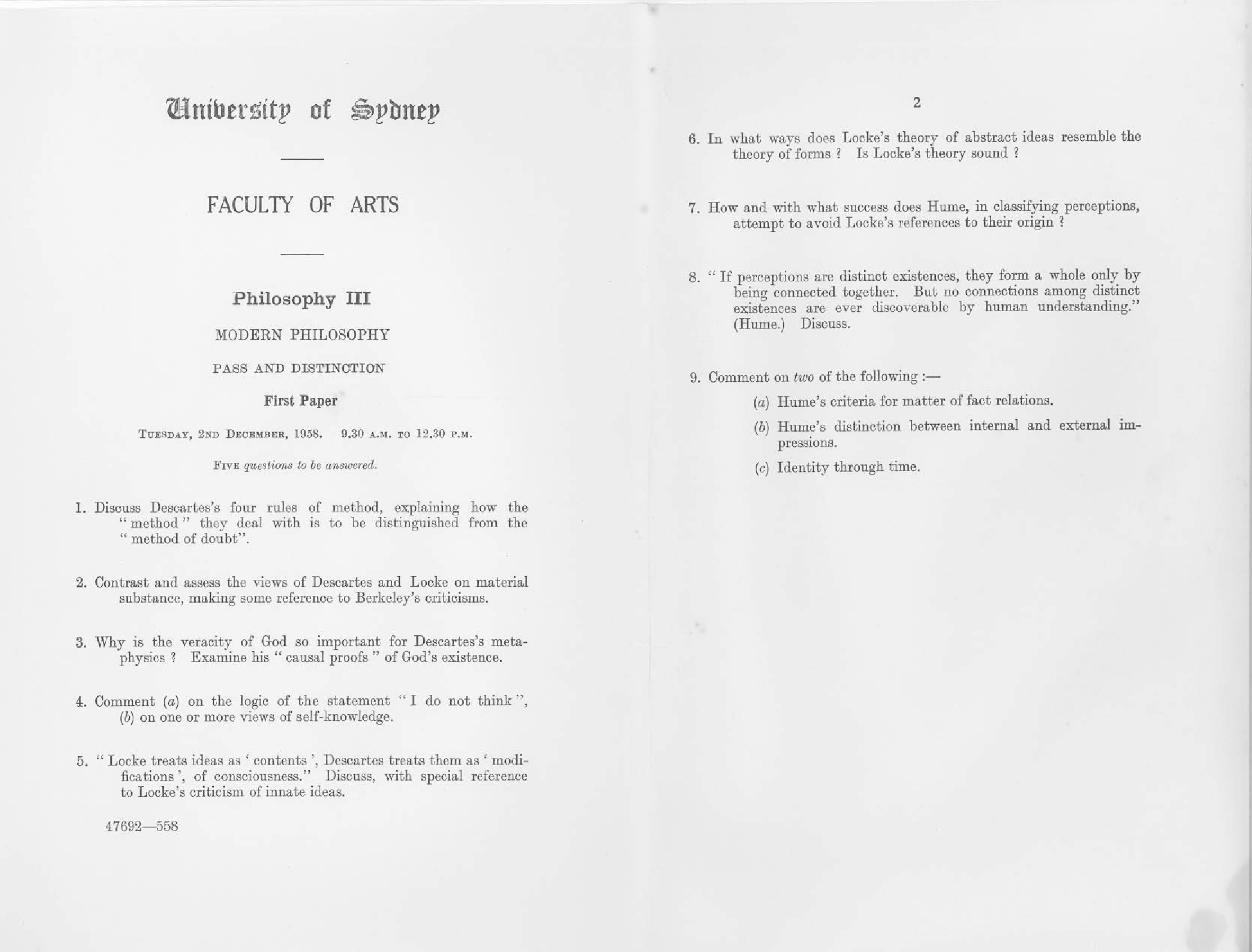 Philosophy III Modern Philosophy First Paper, 1958