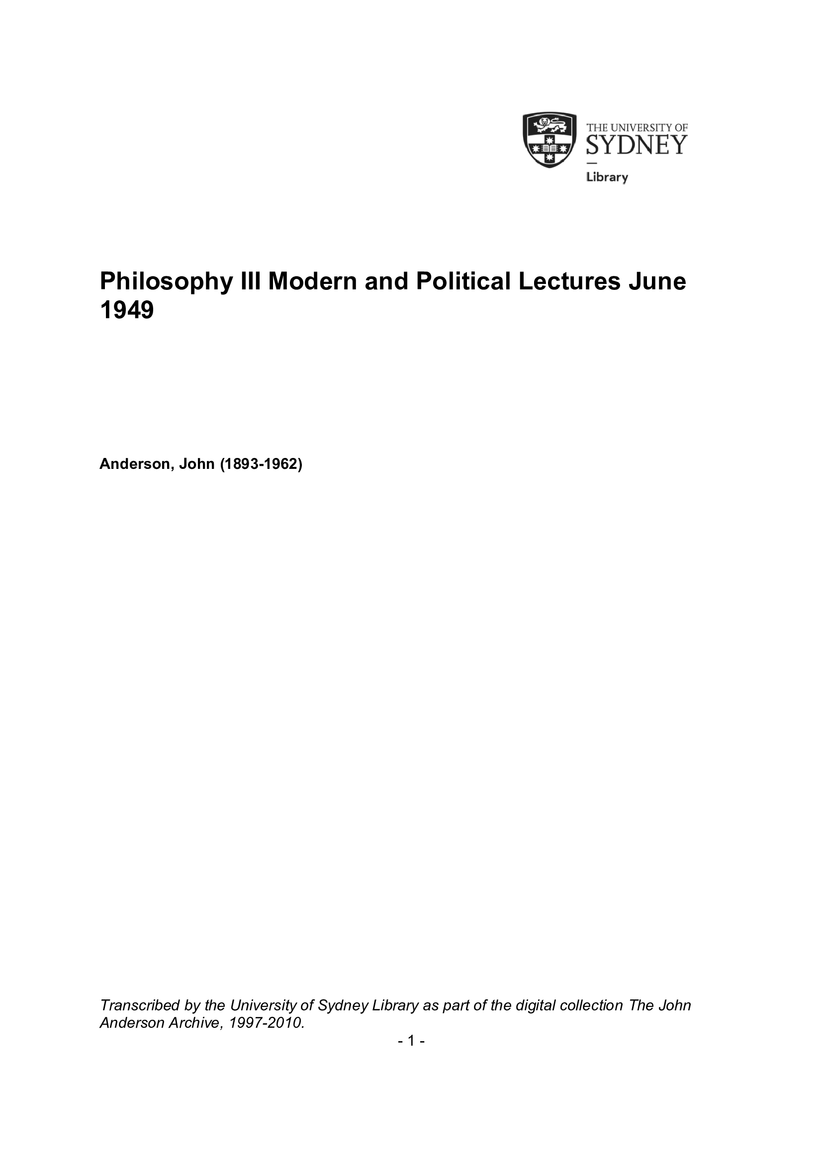 PHILOSOPHY III Modern and Political 1949