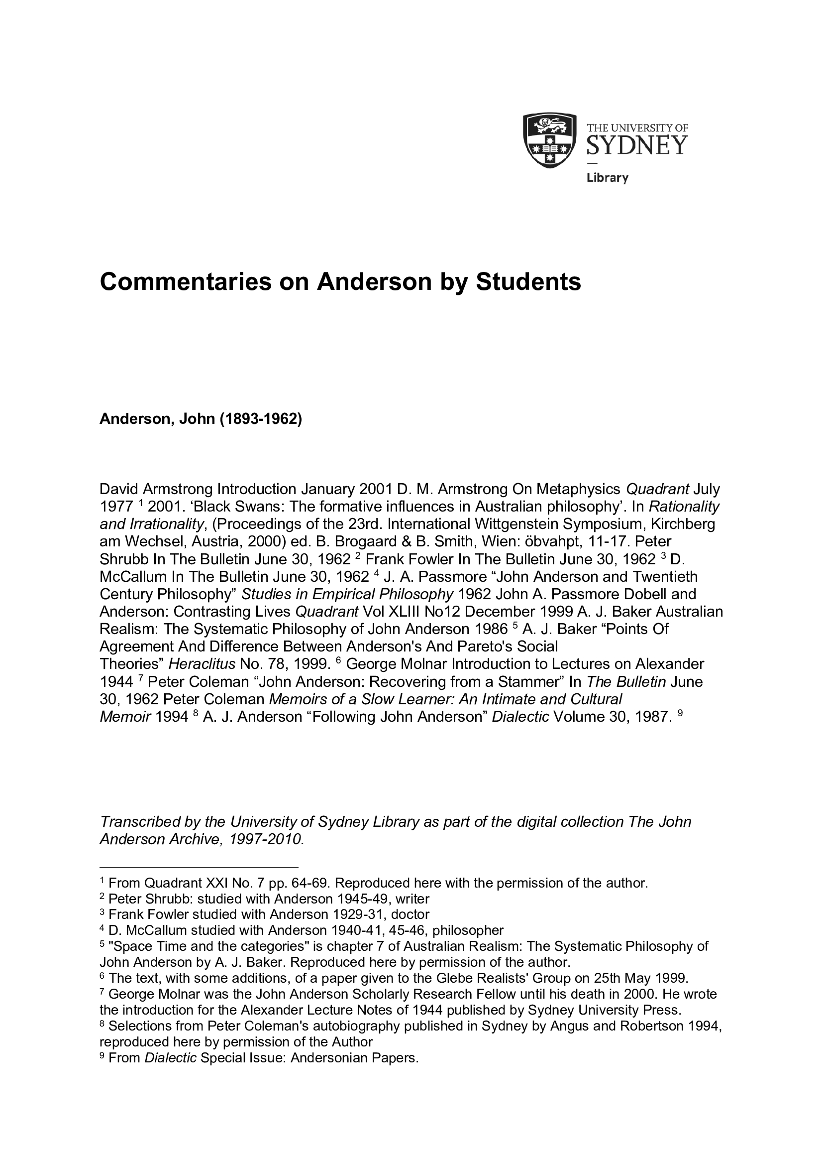 Commentaries on Anderson by Students