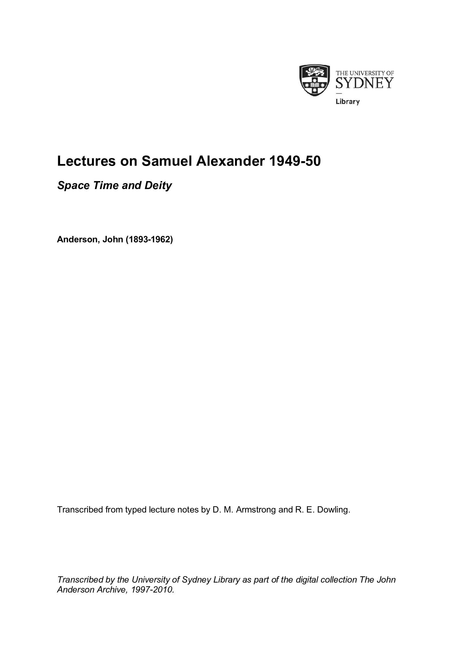 Lectures on Samuel Alexander 1949-50