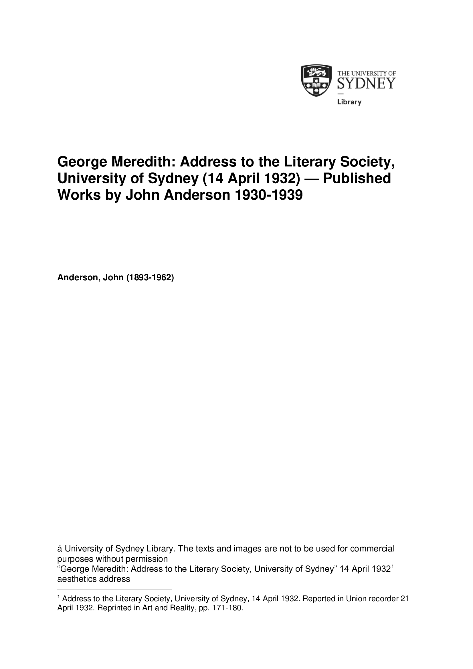 George Meredith: Address to the Literary Society, University of Sydney (14 April 1932) &mdash; Published Works by John Anderson 1930-1939 