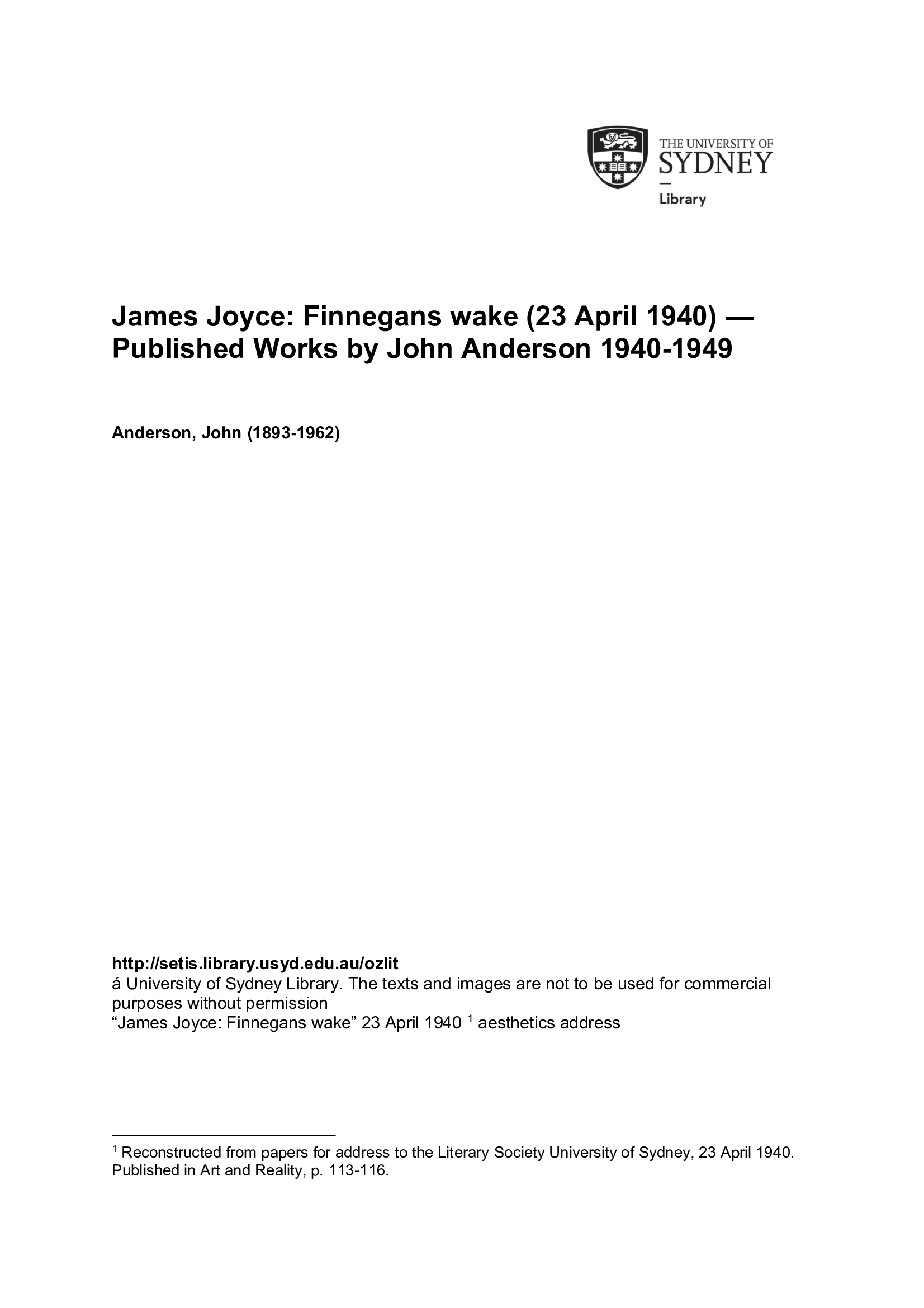 James Joyce: Finnegans wake (23 April 1940) &mdash; Published Works by John Anderson 1940-1949 