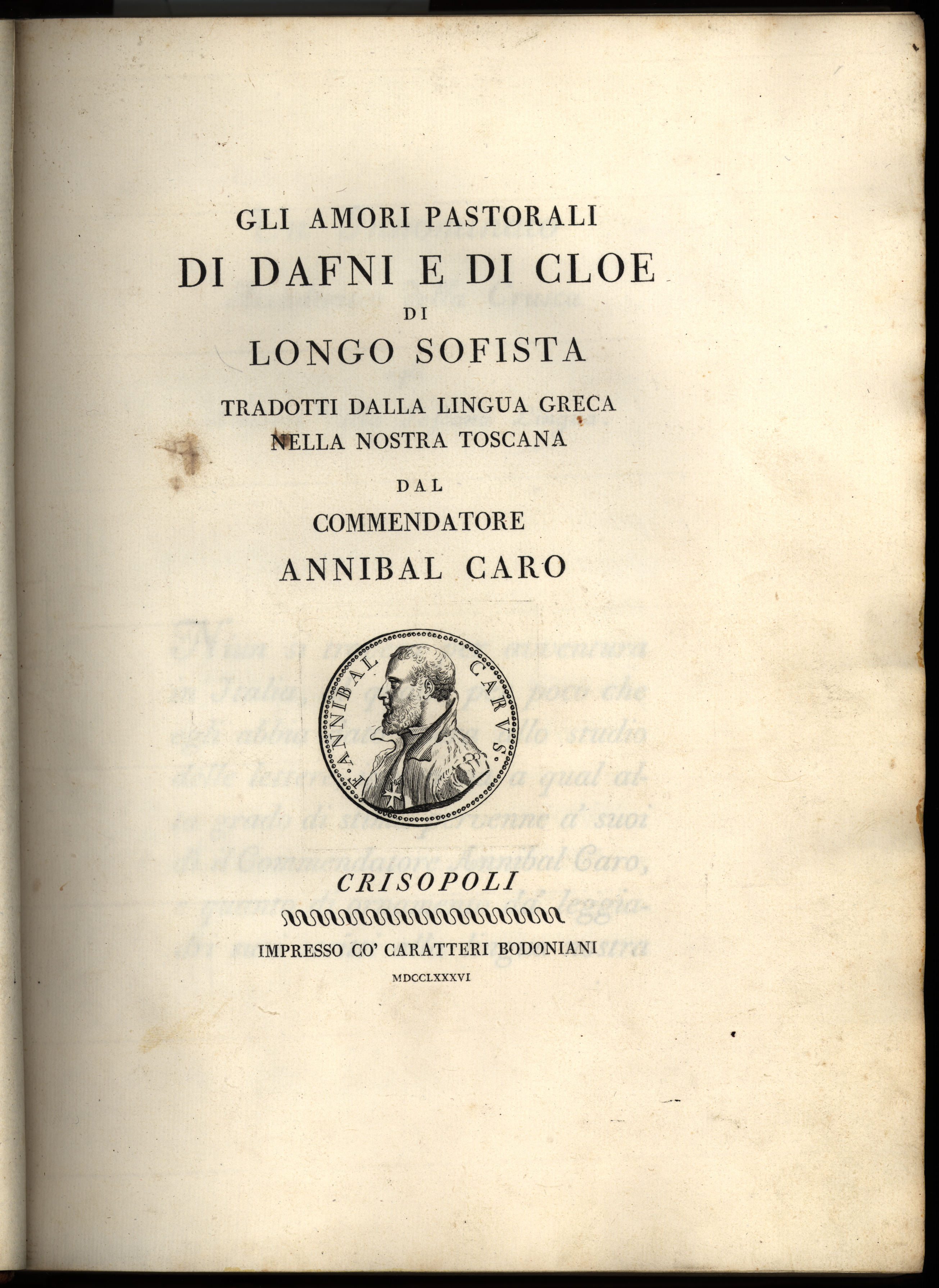 Three Millionth Book: Gli Amori Di Dafne E Di Cloe di Longo Sophista. RB609.1/8. Title Page.