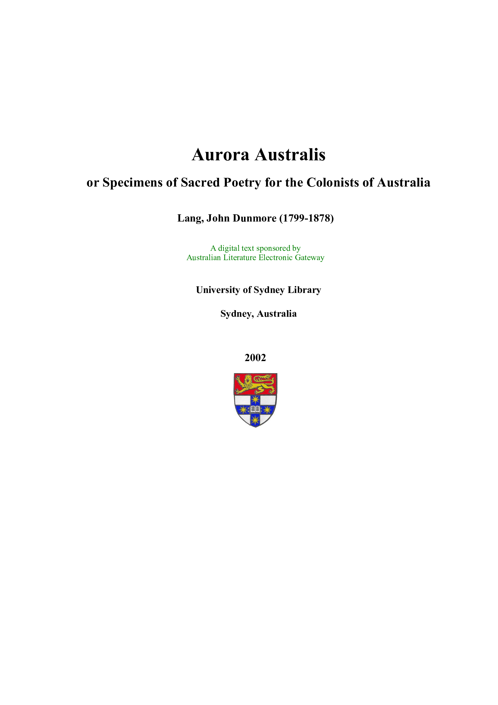 Aurora Australis&nbsp;: or specimens of sacred poetry for the colonists of Australia
