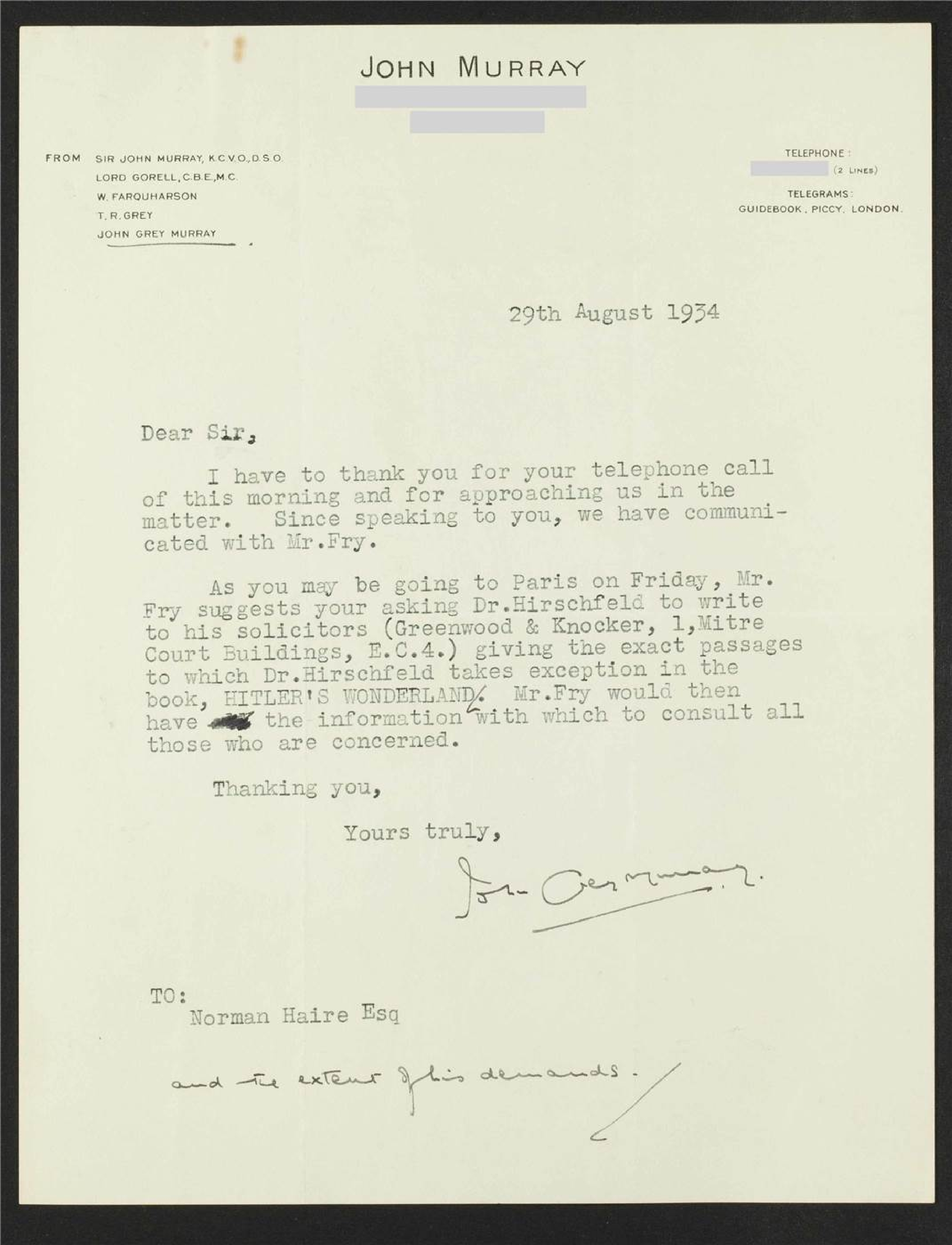 Correspondence between Norman Haire, John Murray and Magnus Hirschfeld