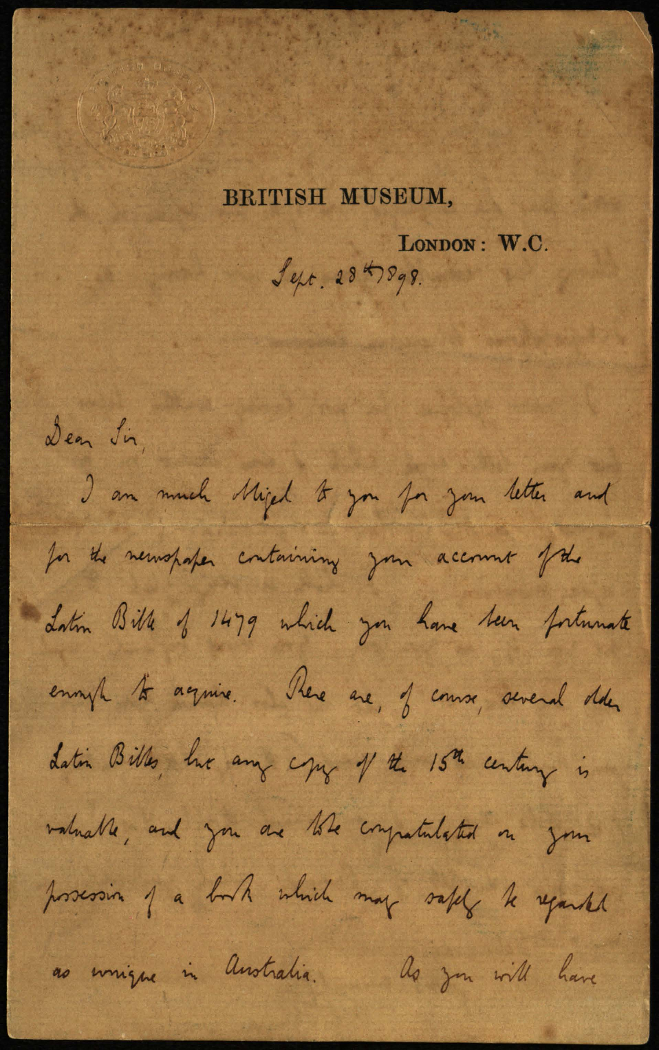 Autograph letter from F.G. Kenyon to Reverend Richard Sellars, 28 September 1898
