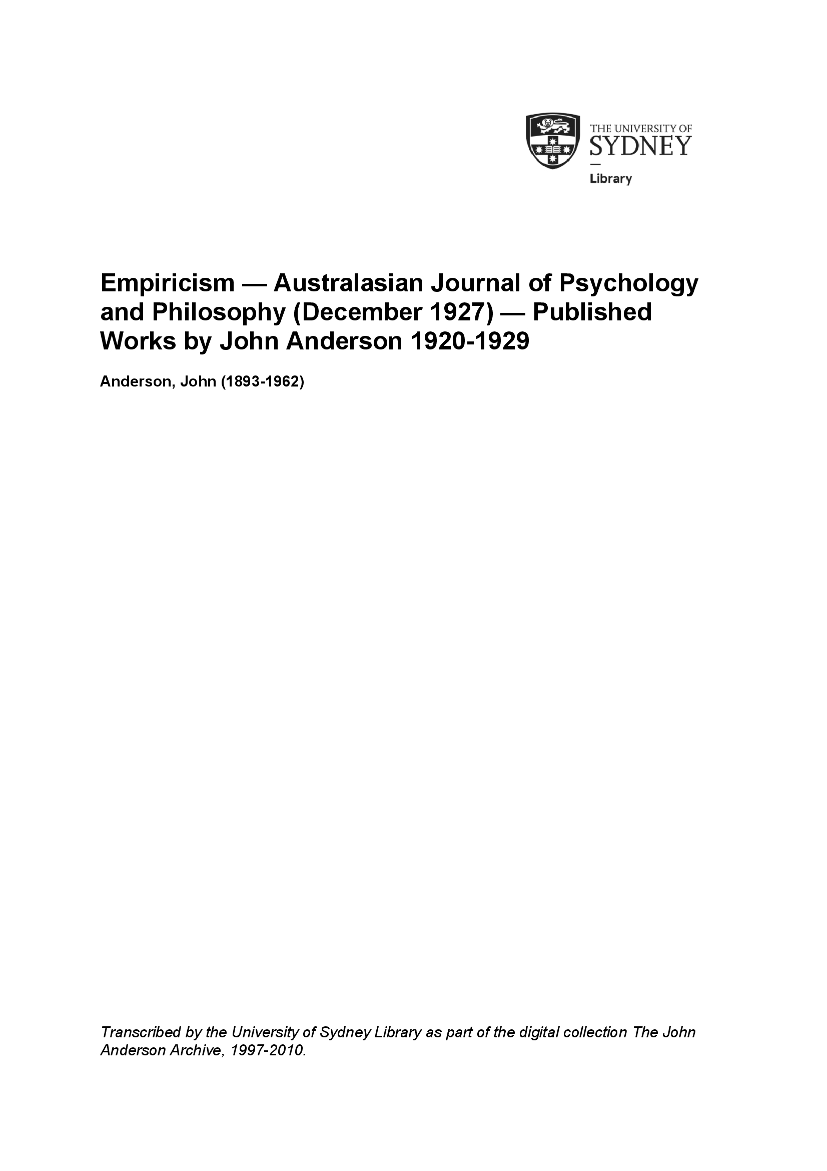 Empiricism &mdash; Australasian Journal of Psychology and Philosophy (December 1927) &mdash; Published Works by John Anderson 1920-1929 