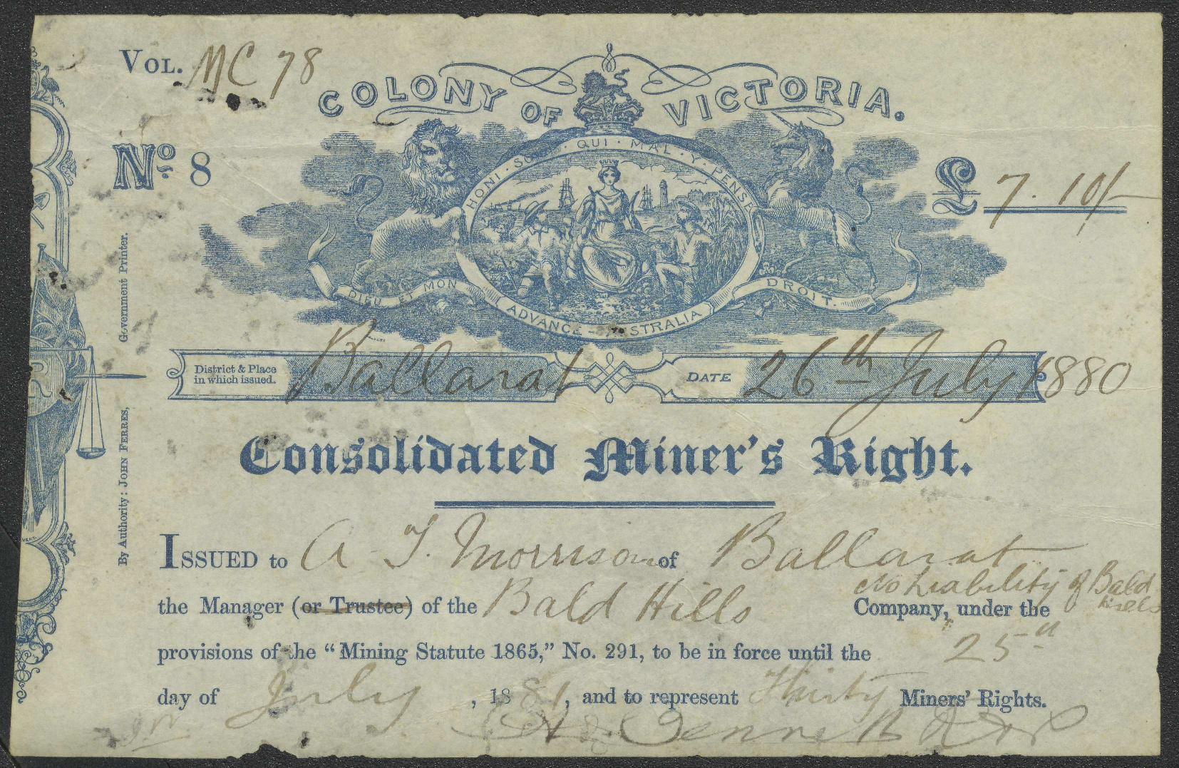 Miners rights (4), 1861-1888. [Together with] Gold licence No.50. 27 September 1854 / Colony of Victoria