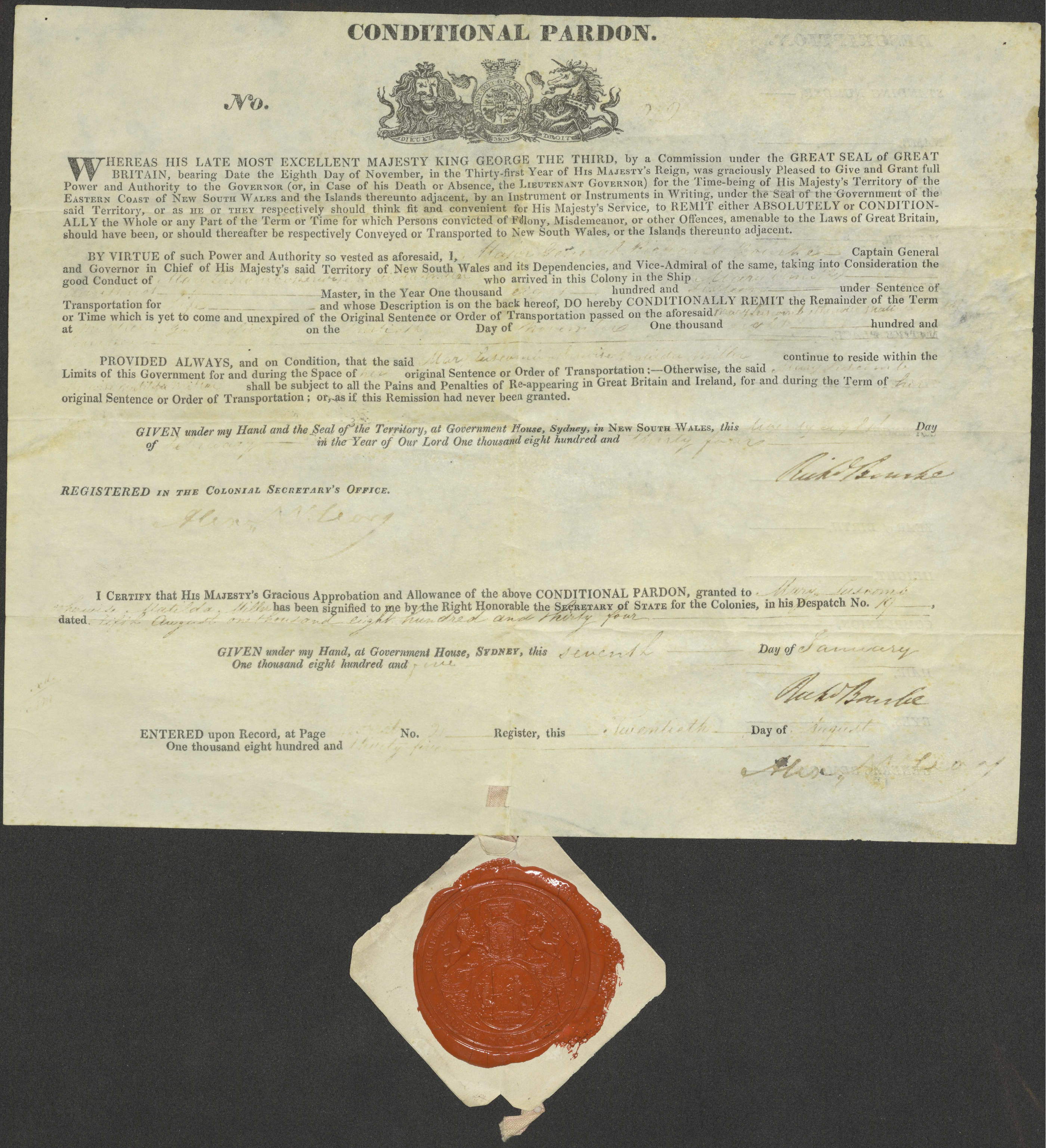 Conditional pardon in the name of Mary Luscomb, otherwise [known as] Matilda Miller. Signed Richard Bourke, Governor 