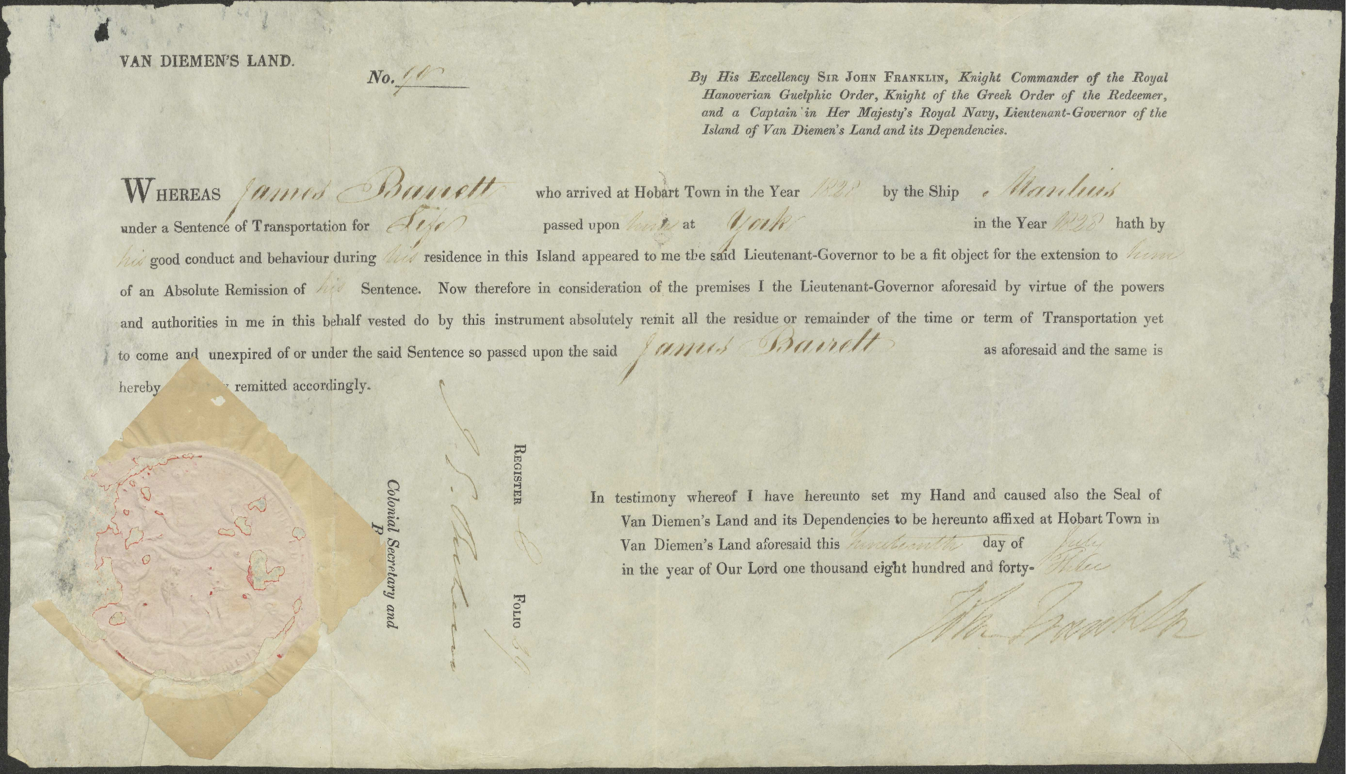 [Full] Pardon in the name of James Barrett. Signed, Sir John Franklin, Governor