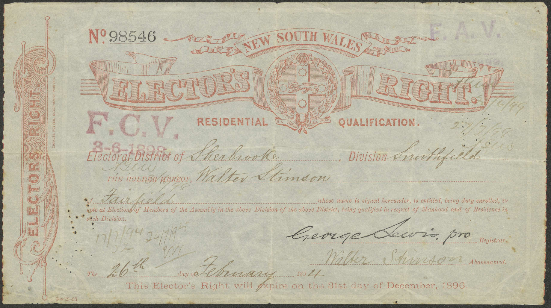 Electors right [in the name of] Walter Stimson for Smithfield, N.S.W 