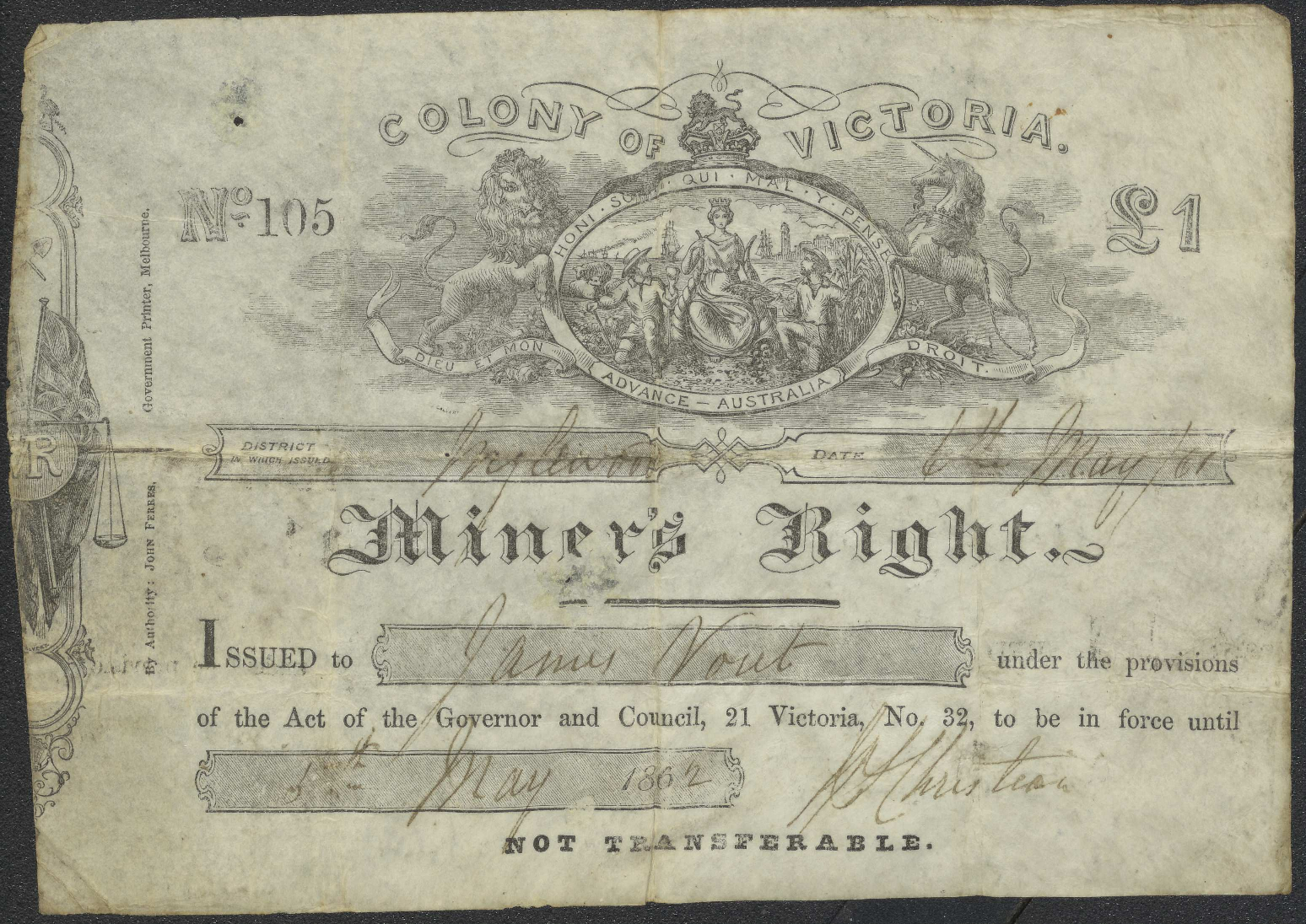 Miners right [in the name of] James Vout [of] Inglewood, Victoria