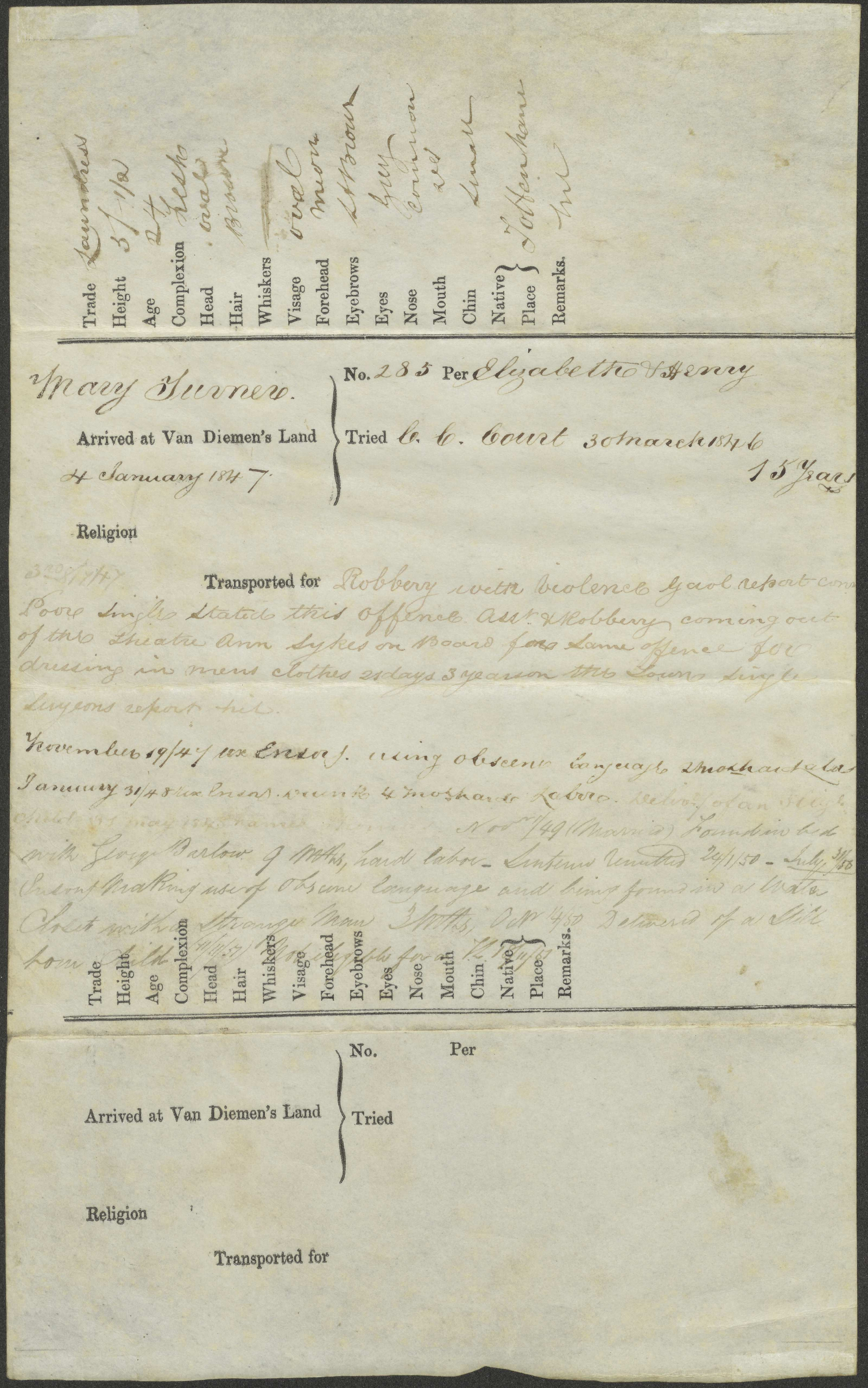 Notice of transportation [to] Van Diemens Land of Mary Turner, laundress. On ship Elizabeth Henry. Sentenced to fifteen (15) years for robbery with violence / Turner, Mary