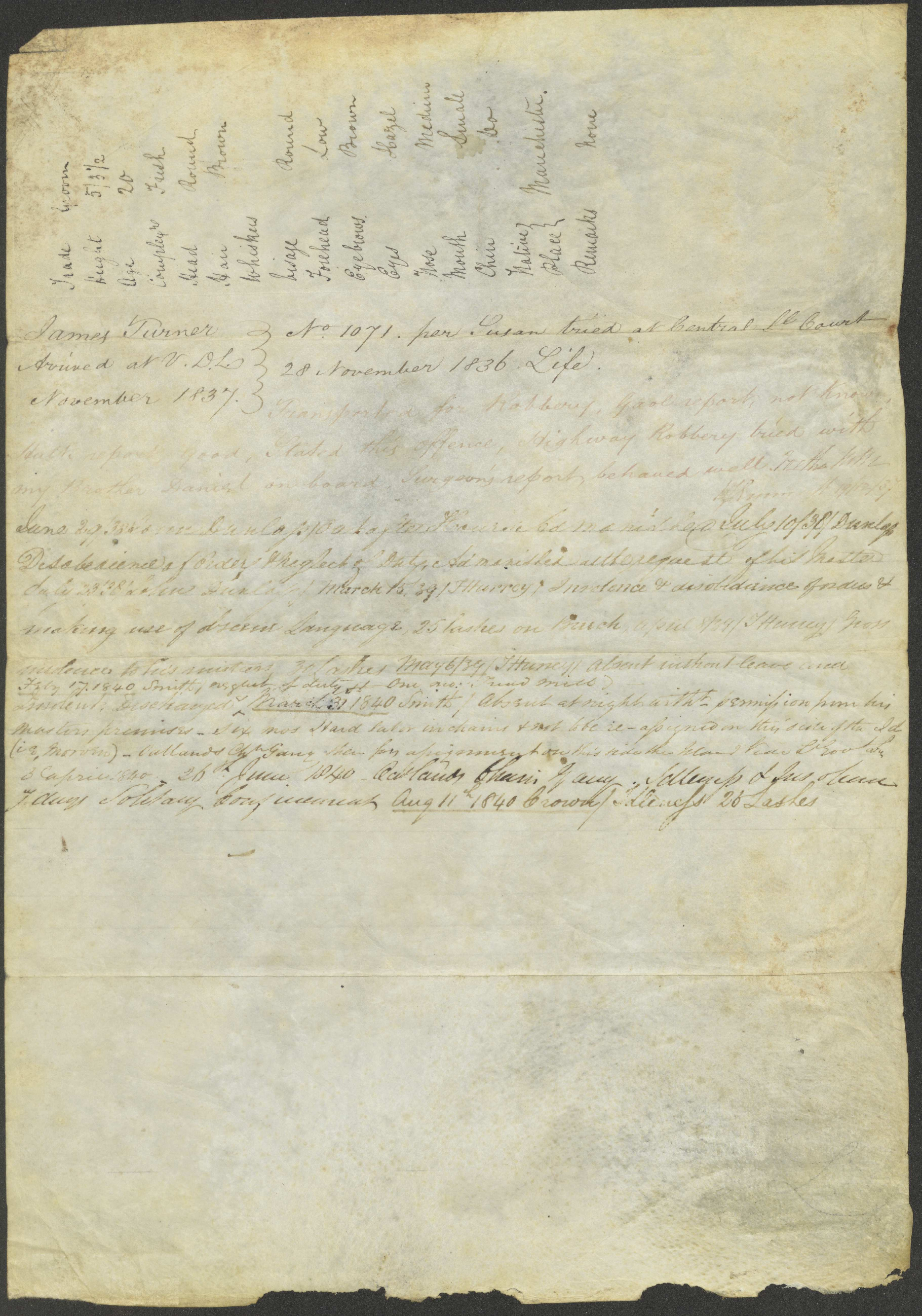 Notice of transportation [to] Van Diemens Land [of] James Turner, groom. Sentenced to fifteen (?) years for highway robbery / Turner, James