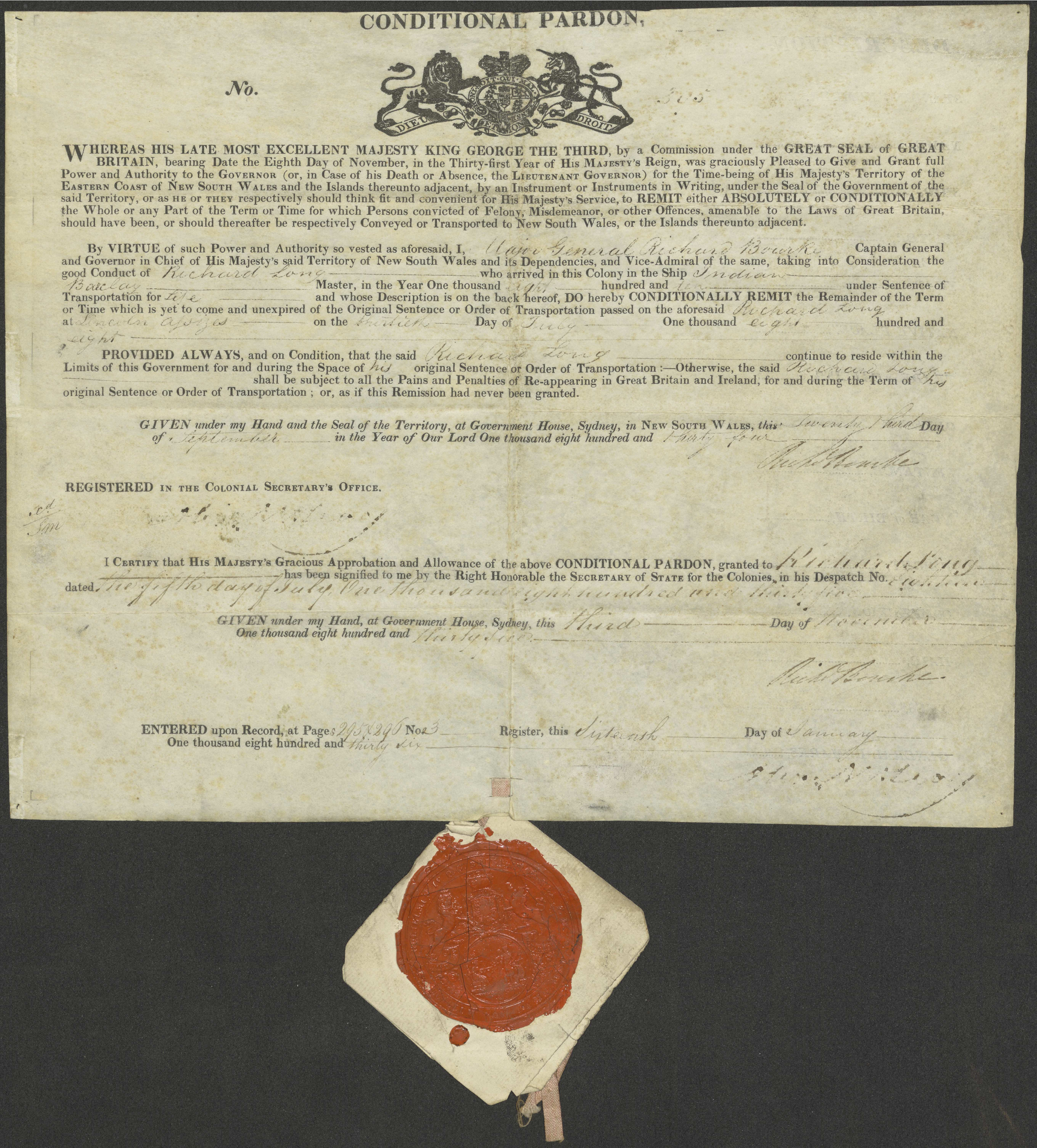 Conditional pardon of Richard Long. Signed by Governor Richard Bourke