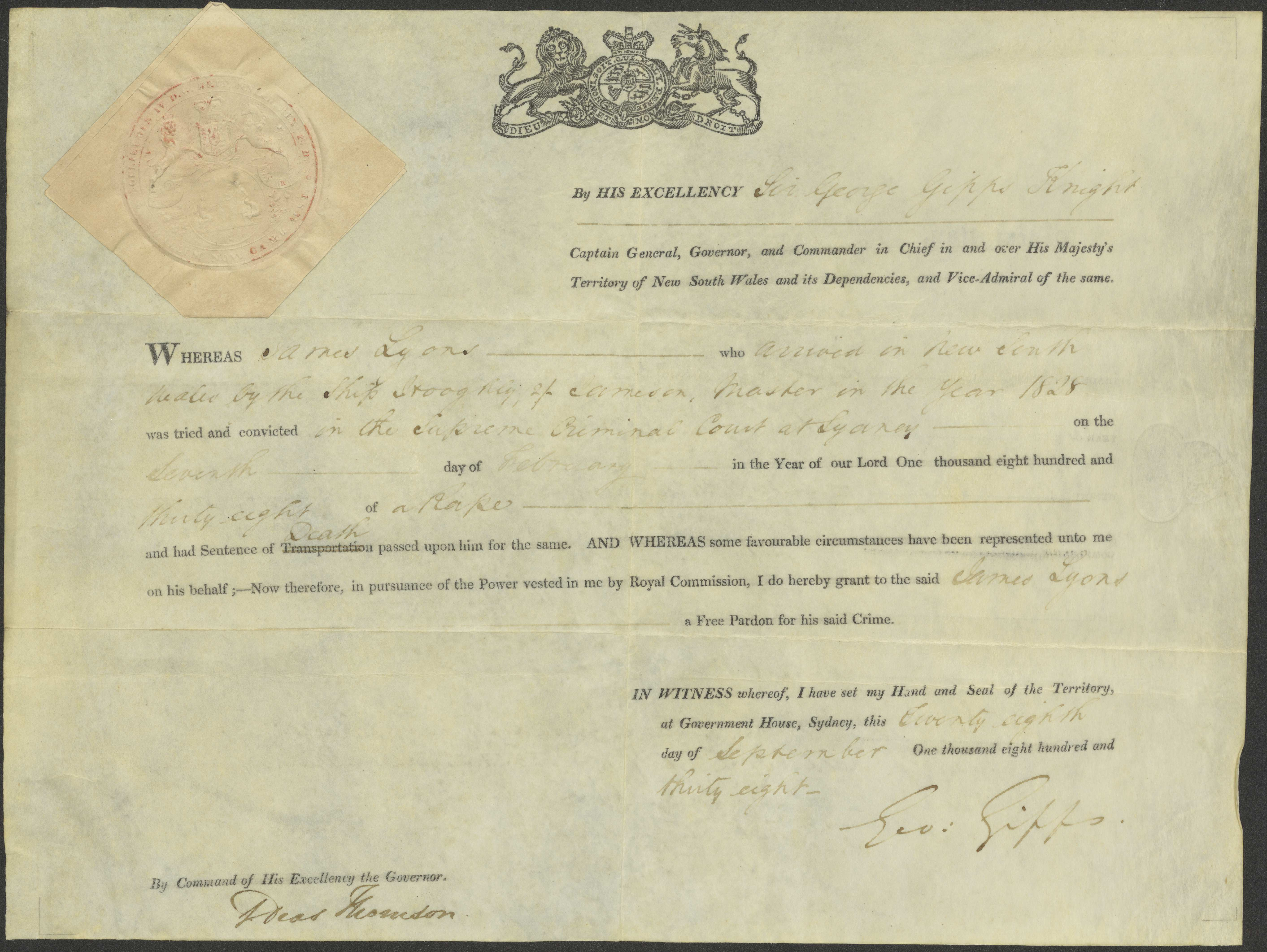 Free pardon of James Lyons, Signed Governor George Gipps