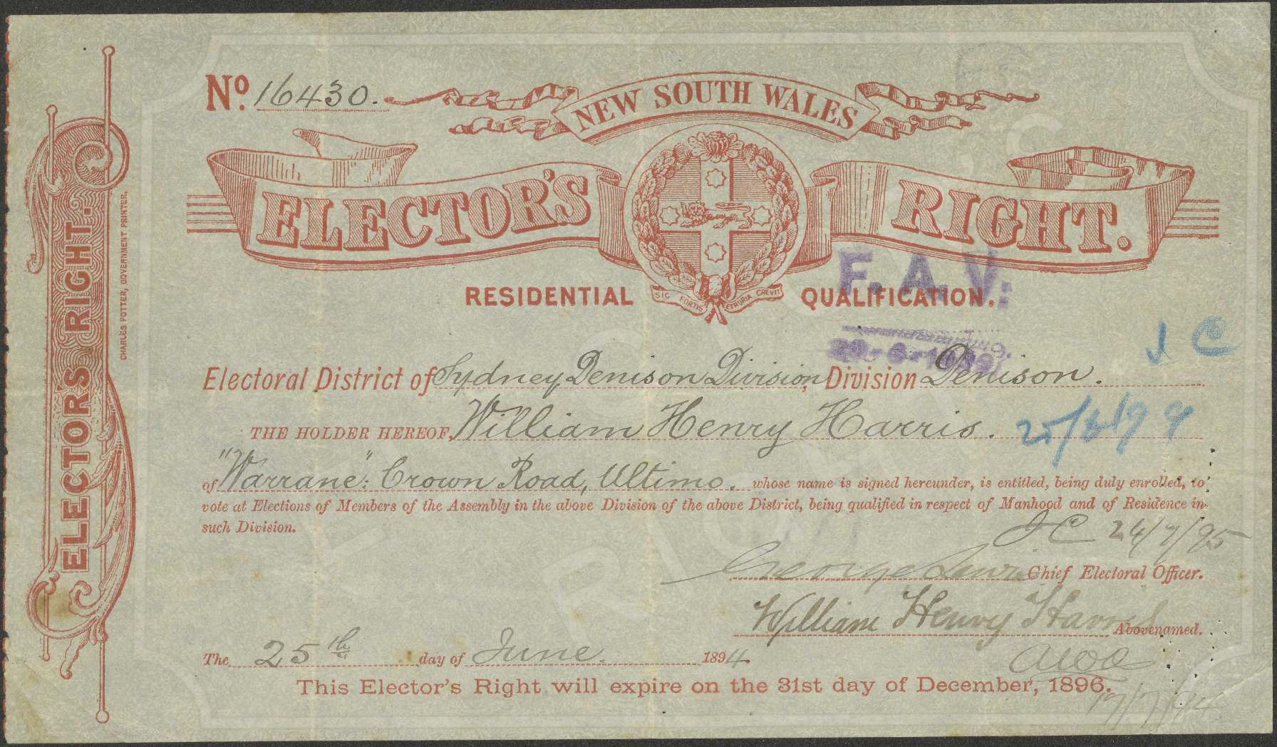 Elector's right [and] residential qualification [in the name of] William Henry Harris [of] Crown Road, Ultimo. 24 July 1895
