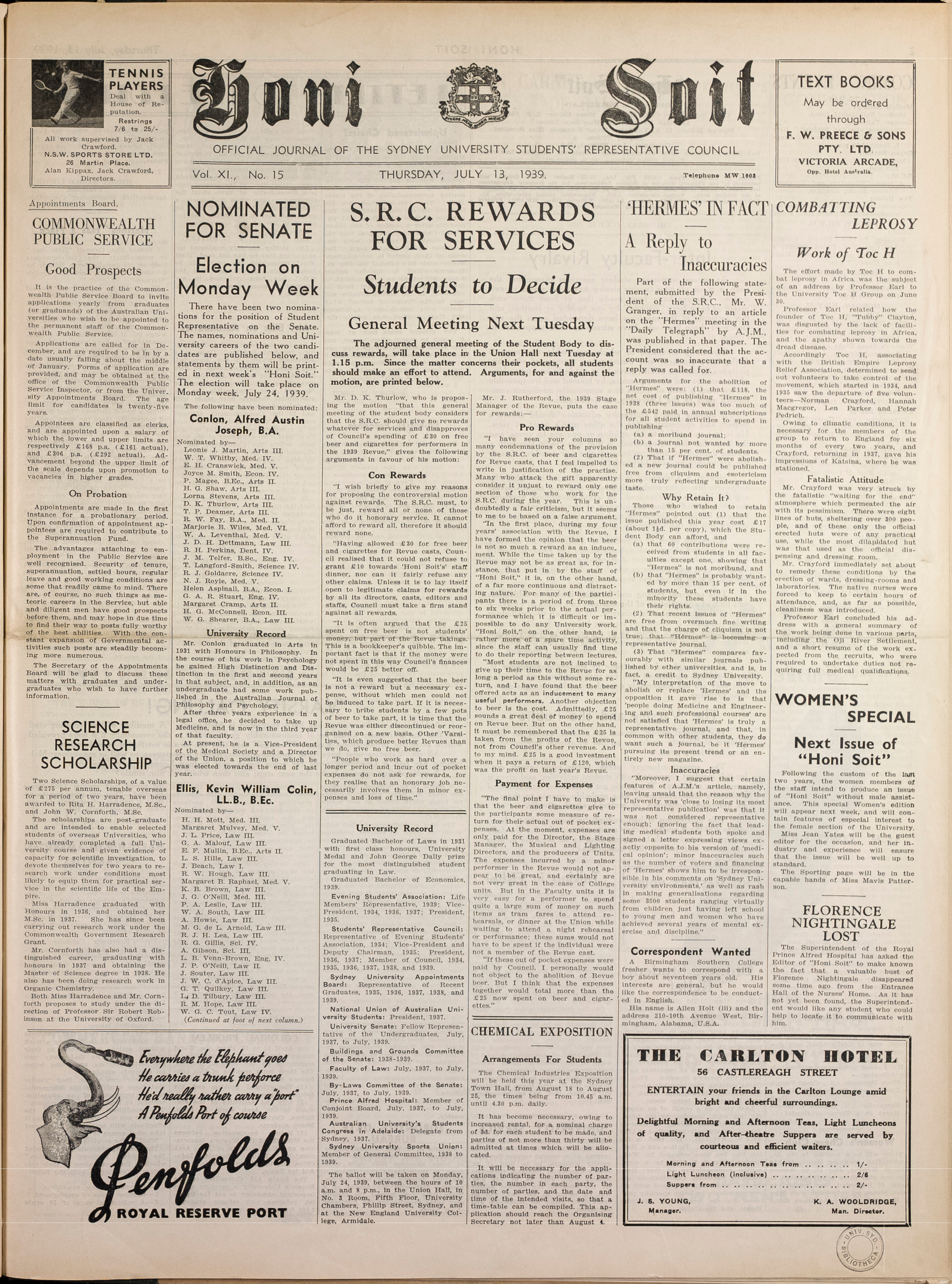 Honi Soit 1939 Issue 15