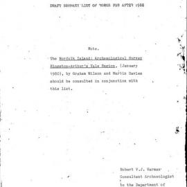 Draft Summary List of Works for After 1988. [Norfolk Island]