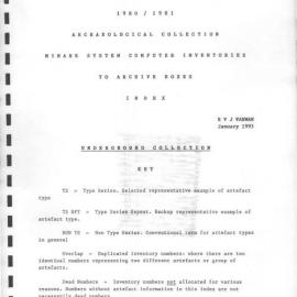 Hyde Park Barracks 1980/1981 Archaeological Collection Minark System Computer Inventories to Archive Boxes Index.
